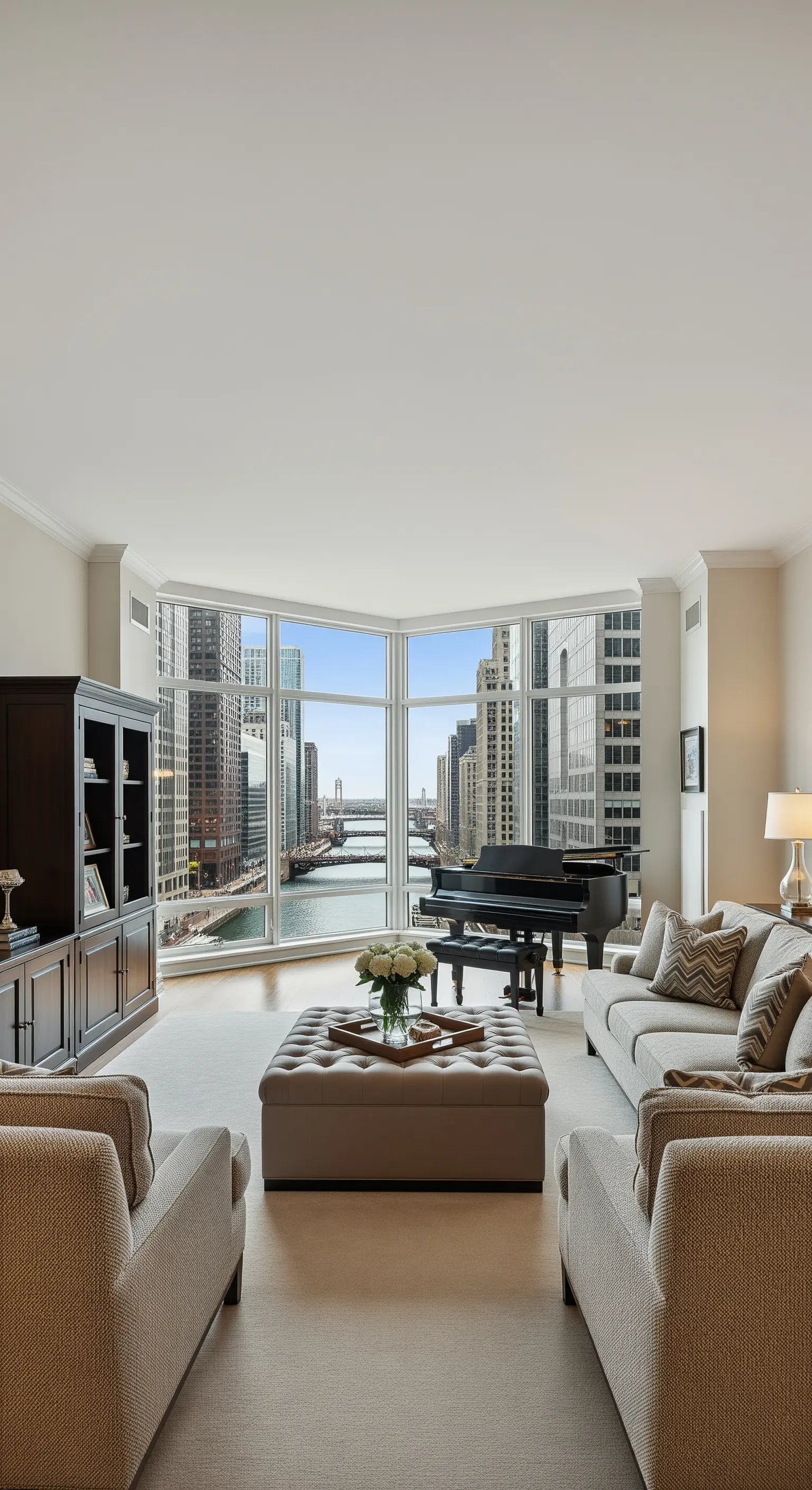 Traditionelles Wohnzimmer mit Flügel am Fenster und Blick auf die Stadt und den Fluss