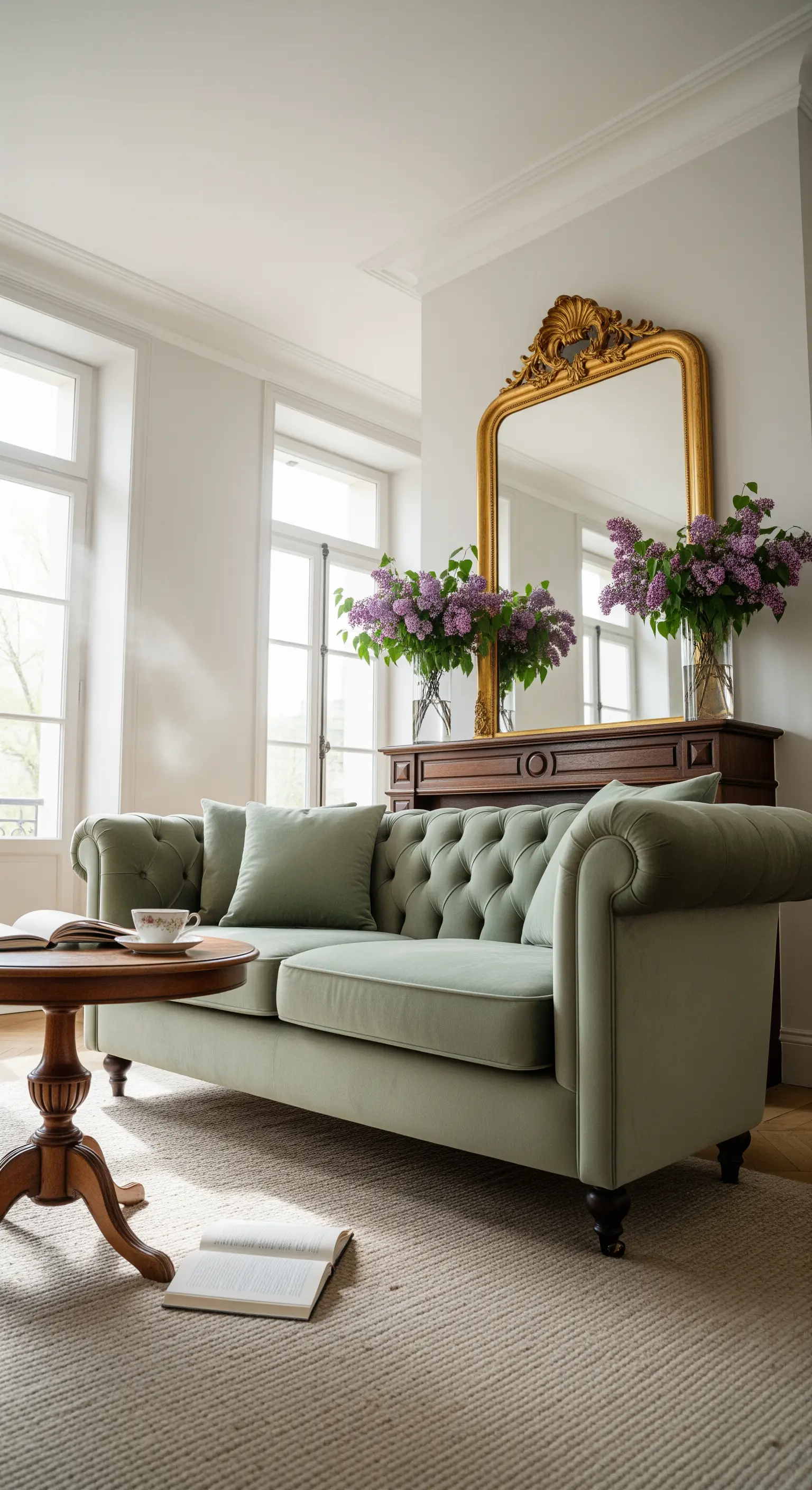 Grünes Samtsofa, goldener Spiegel, Fliedersträuße auf dunkler Kommode