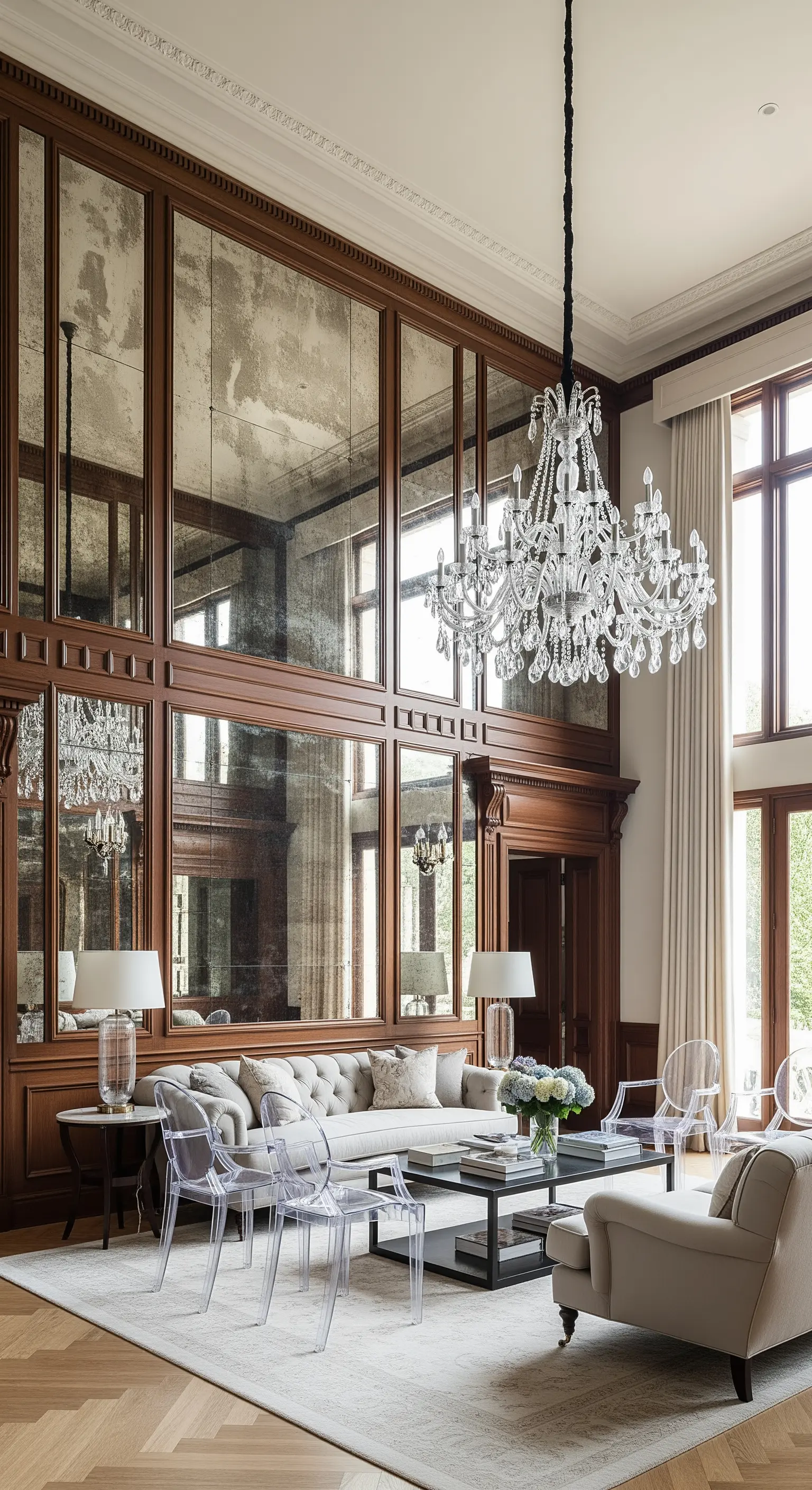 Hoher Raum mit Holzvertäfelung und integrierten Antikspiegeln, dazu transparente Stühle.