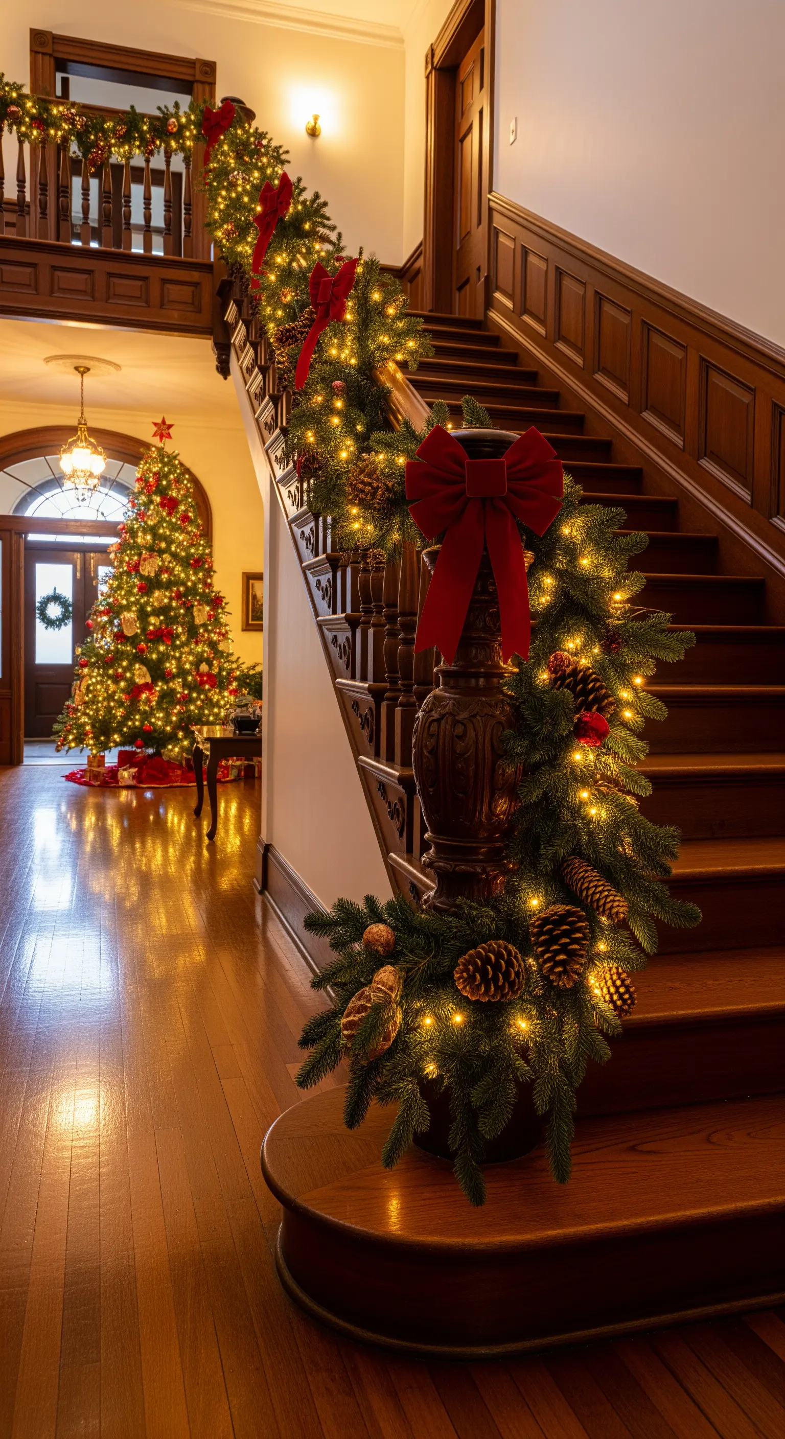 Dichte Tannengirlande mit roten Schleifen und warmen Lichtern auf klassischer Holztreppe.