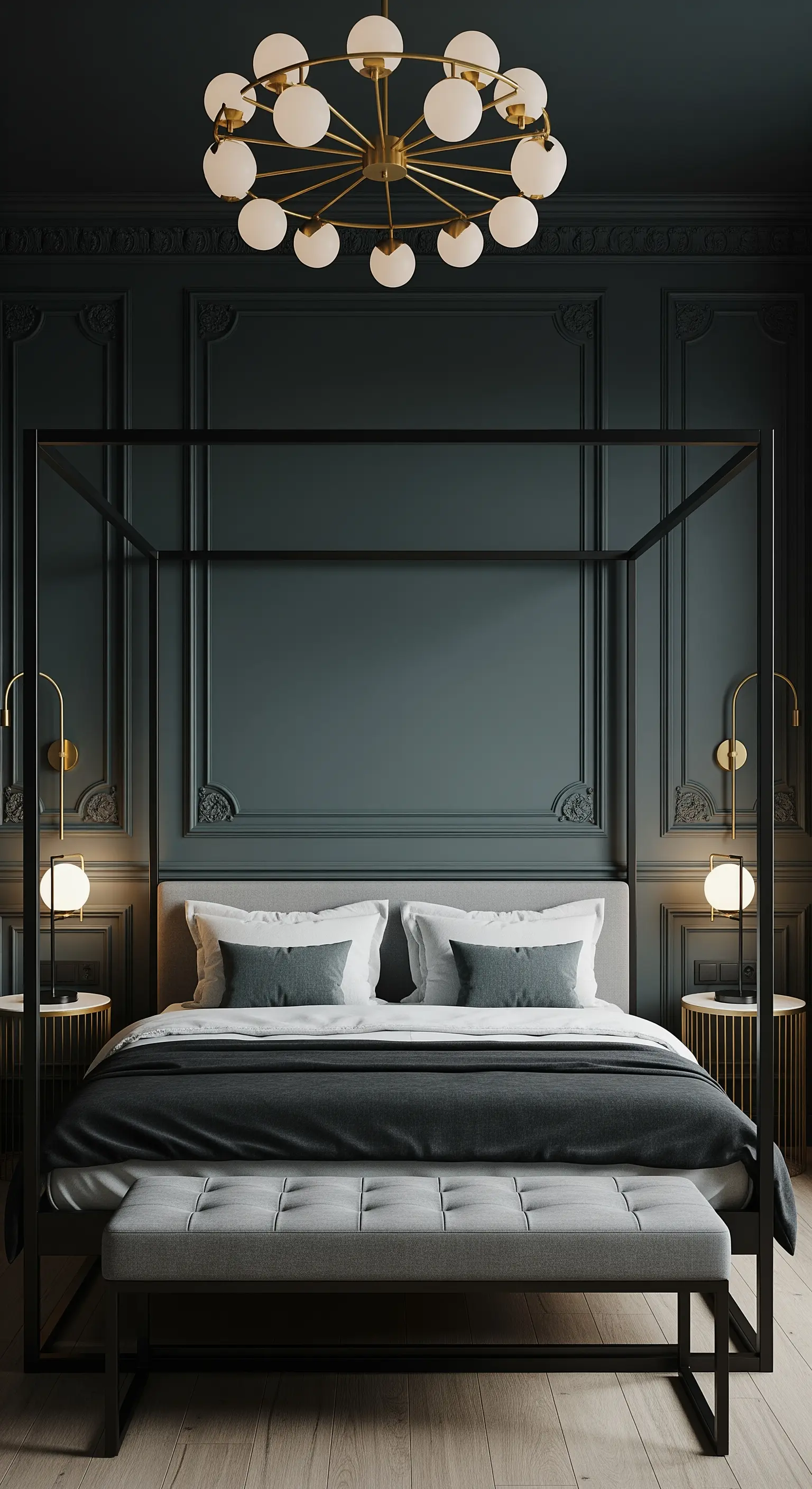 Dunkelgrüne Wand mit klassischen Kassetten und Zierleisten hinter einem modernen Himmelbett.