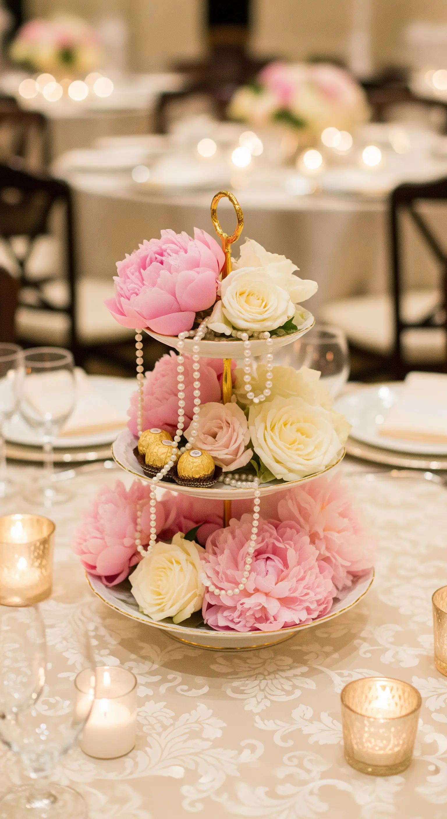 Etagere mit rosa Pfingstrosen, weißen Rosen und Perlen als romantische Tischdeko.