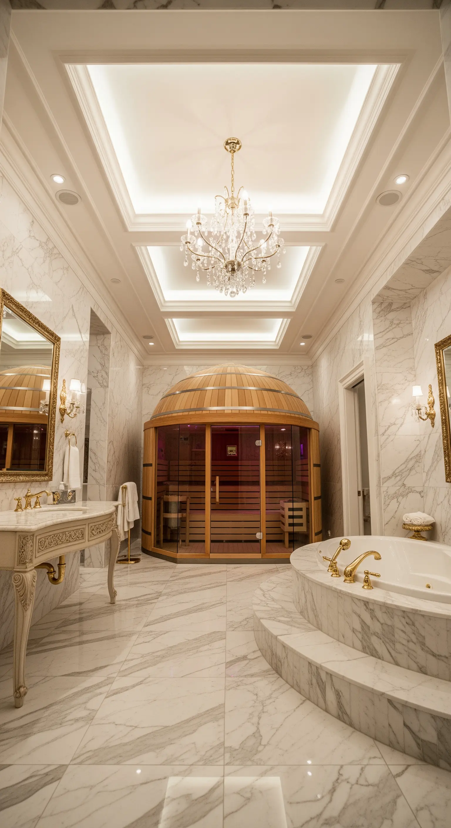 Luxuriöses Marmorbad mit Kristall-Kronleuchter und Fass-Sauna.