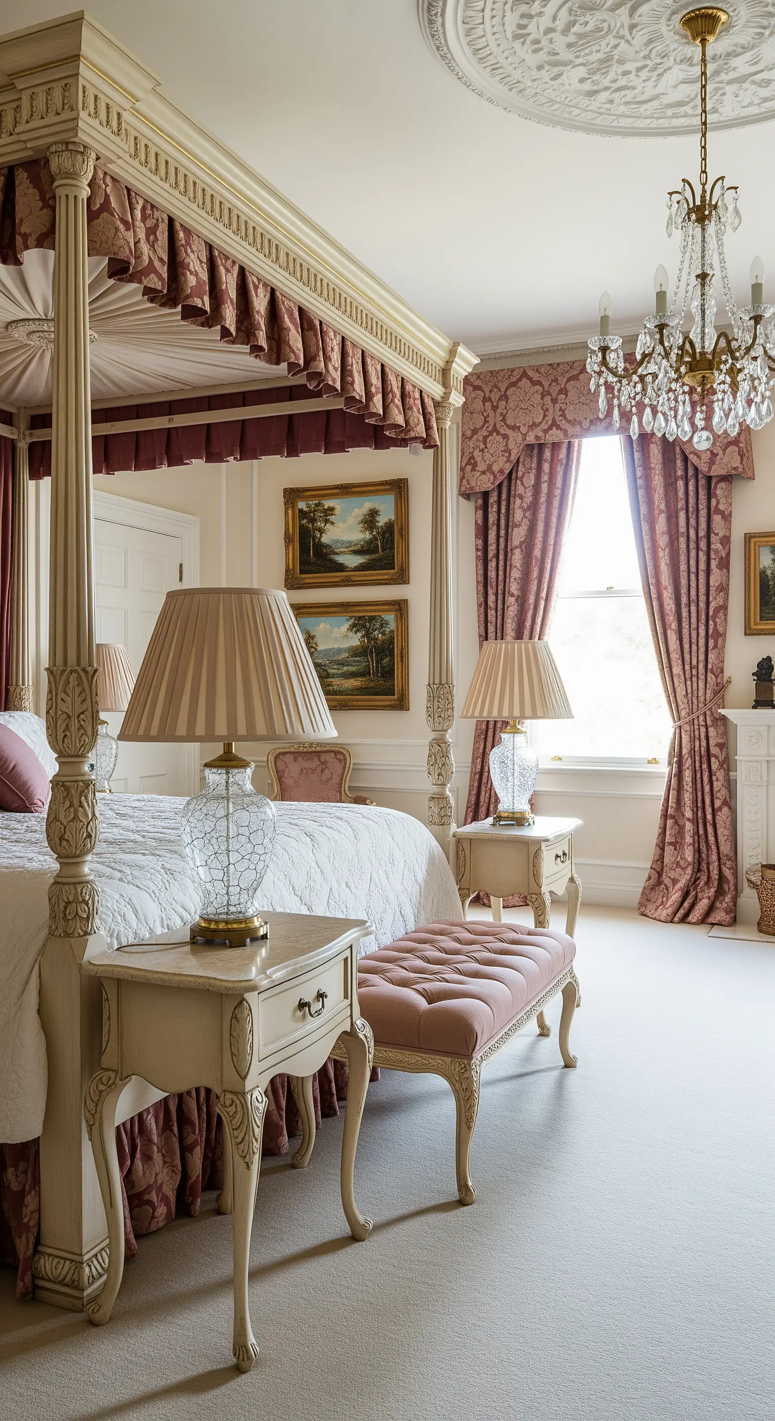 Klassisches Schlafzimmer mit Himmelbett, cremefarbenen Möbeln und Kristalllampen.