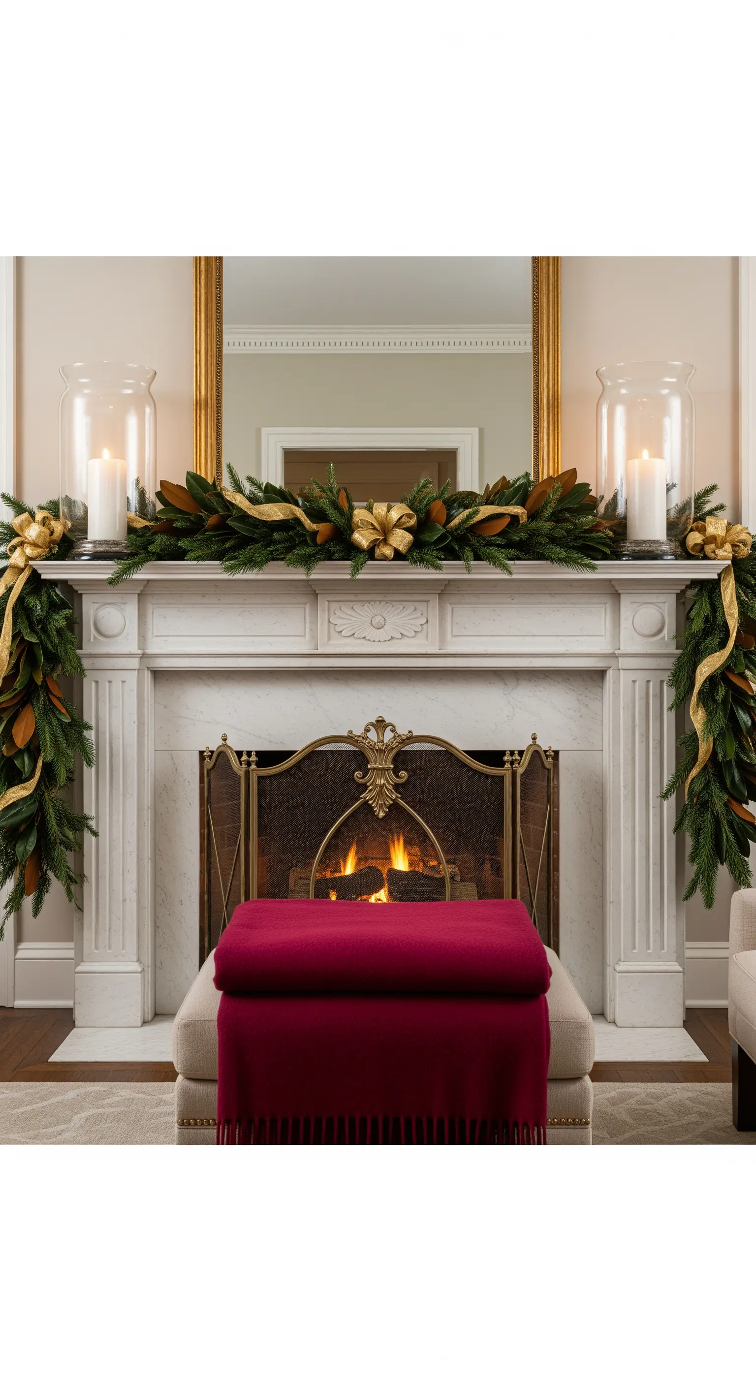 Elegante Weihnachtsgirlande mit Goldschleifen und großen Kerzen auf weißem Marmorkamin.