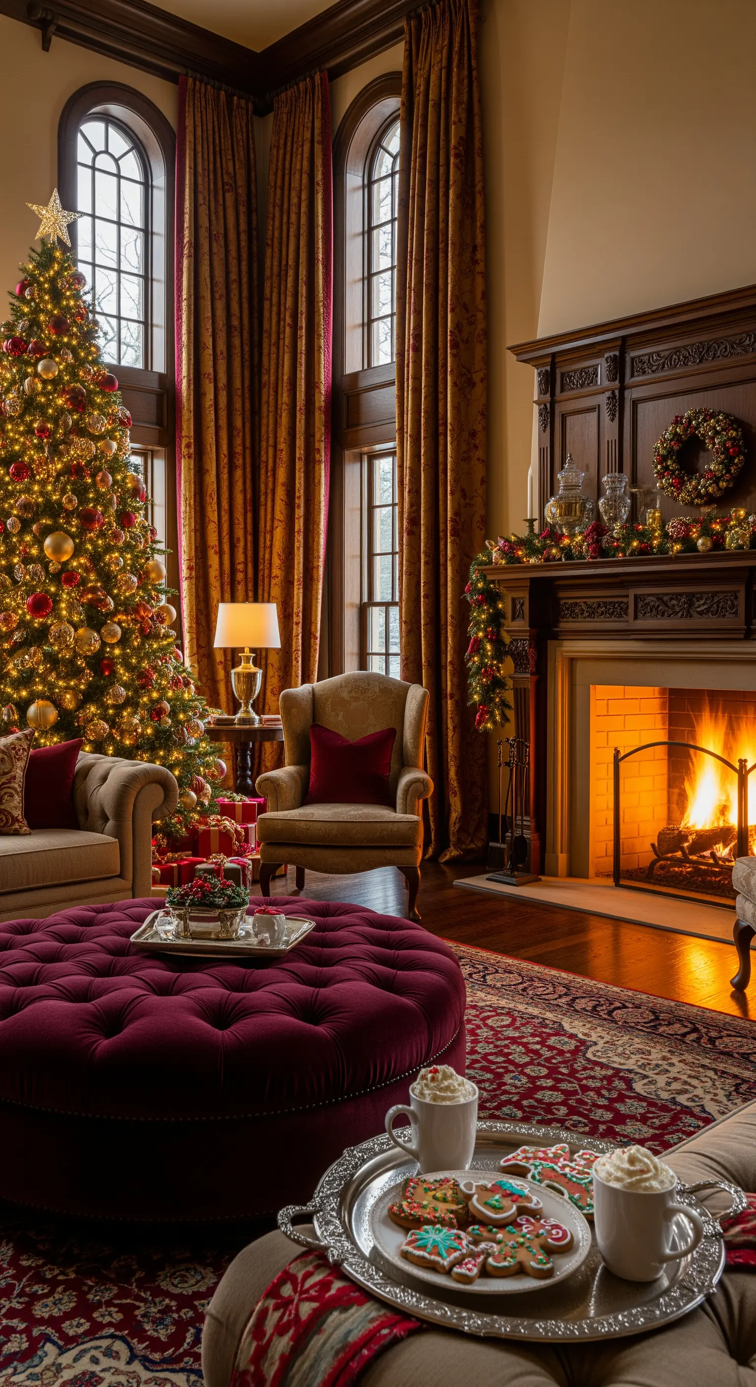 Klassisches Wohnzimmer mit rot-goldenem Weihnachtsbaum, burgunderrotem Ottomane und festlichem Kamin.