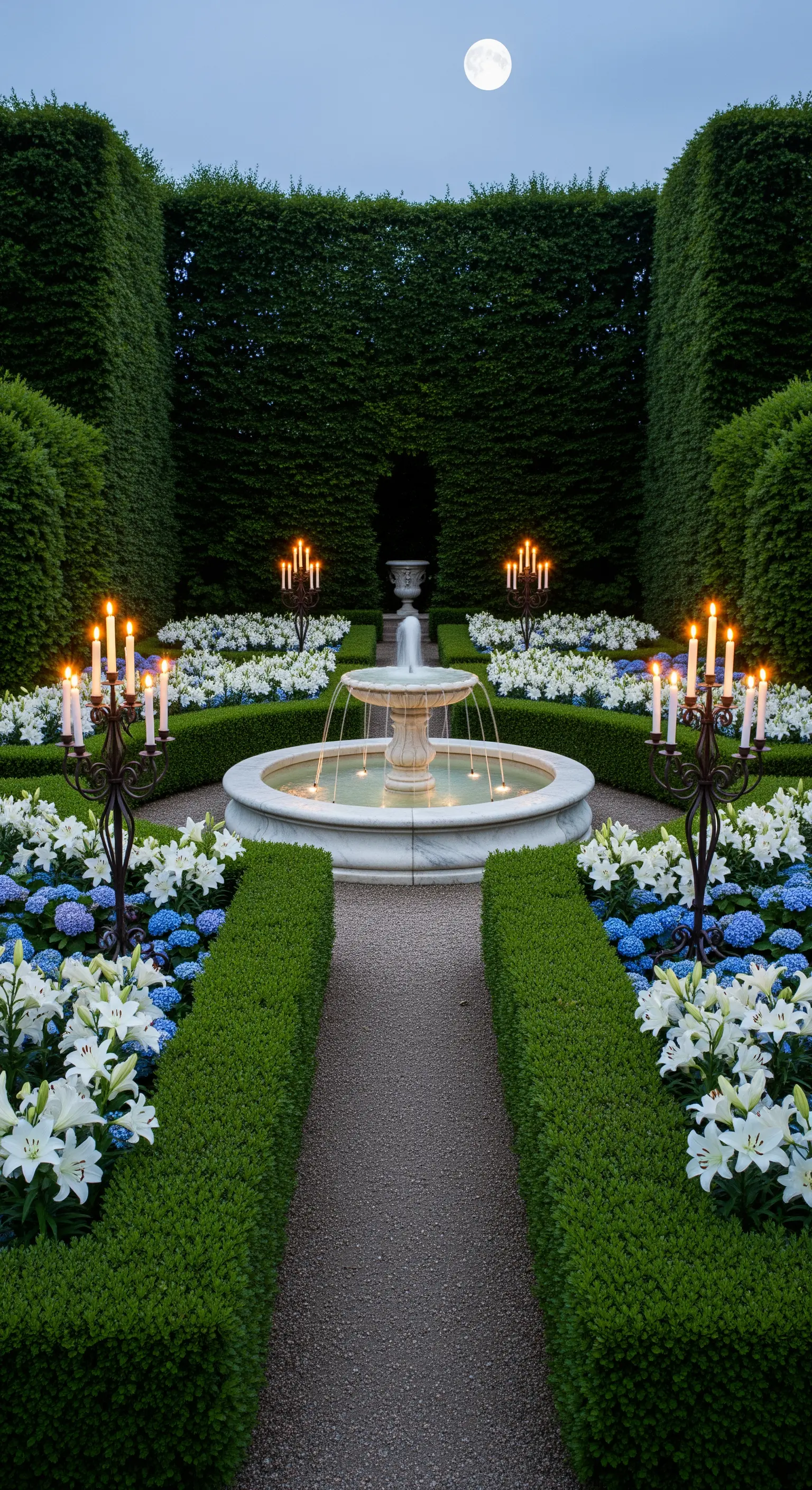 Symmetrischer Garten mit Brunnen, Lilien, Hortensien und hohen Kandelabern bei Dämmerung