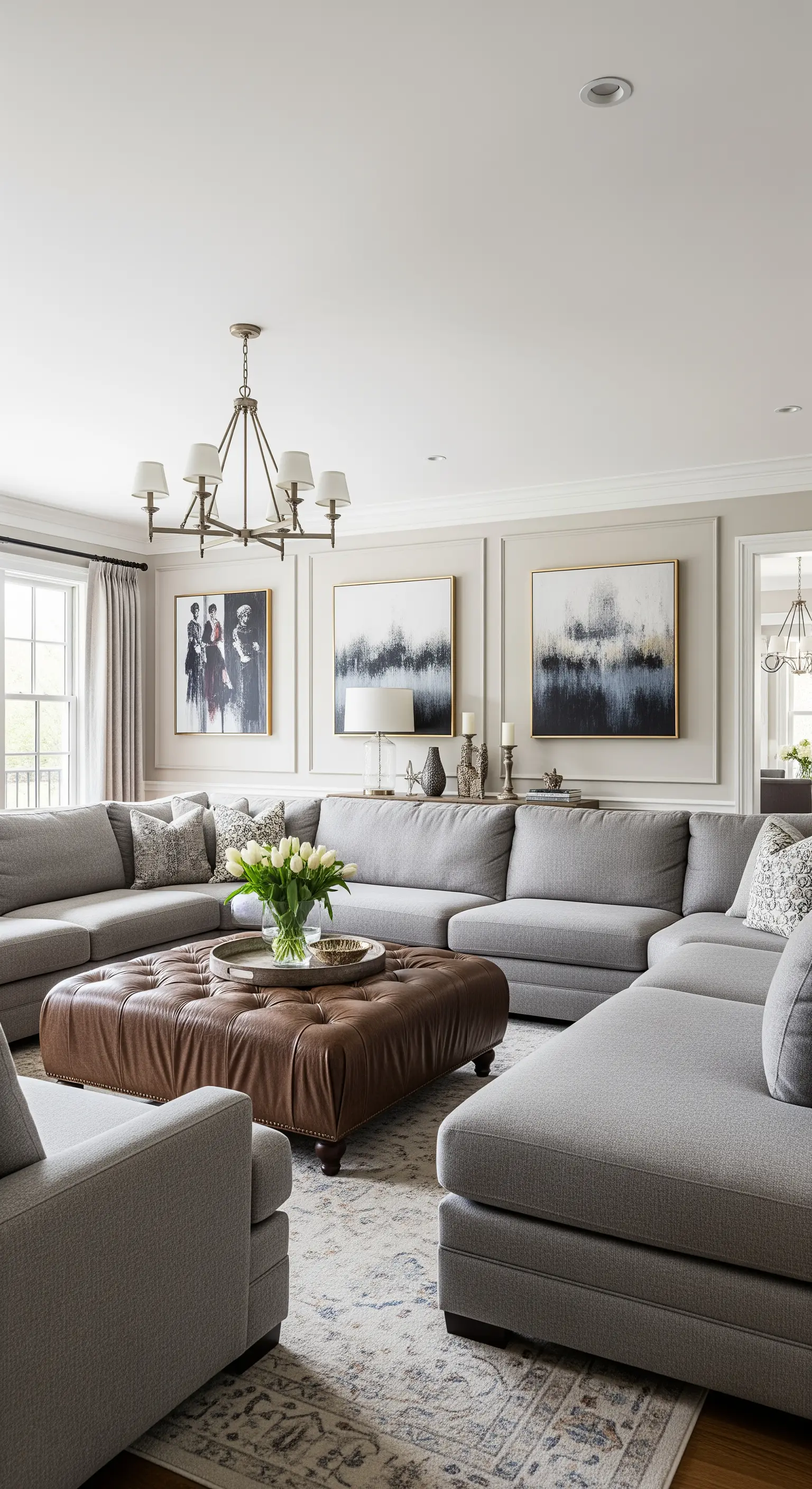 Große, graue Sofalandschaft um einen quadratischen, braunen Leder-Ottoman im Chesterfield-Stil.