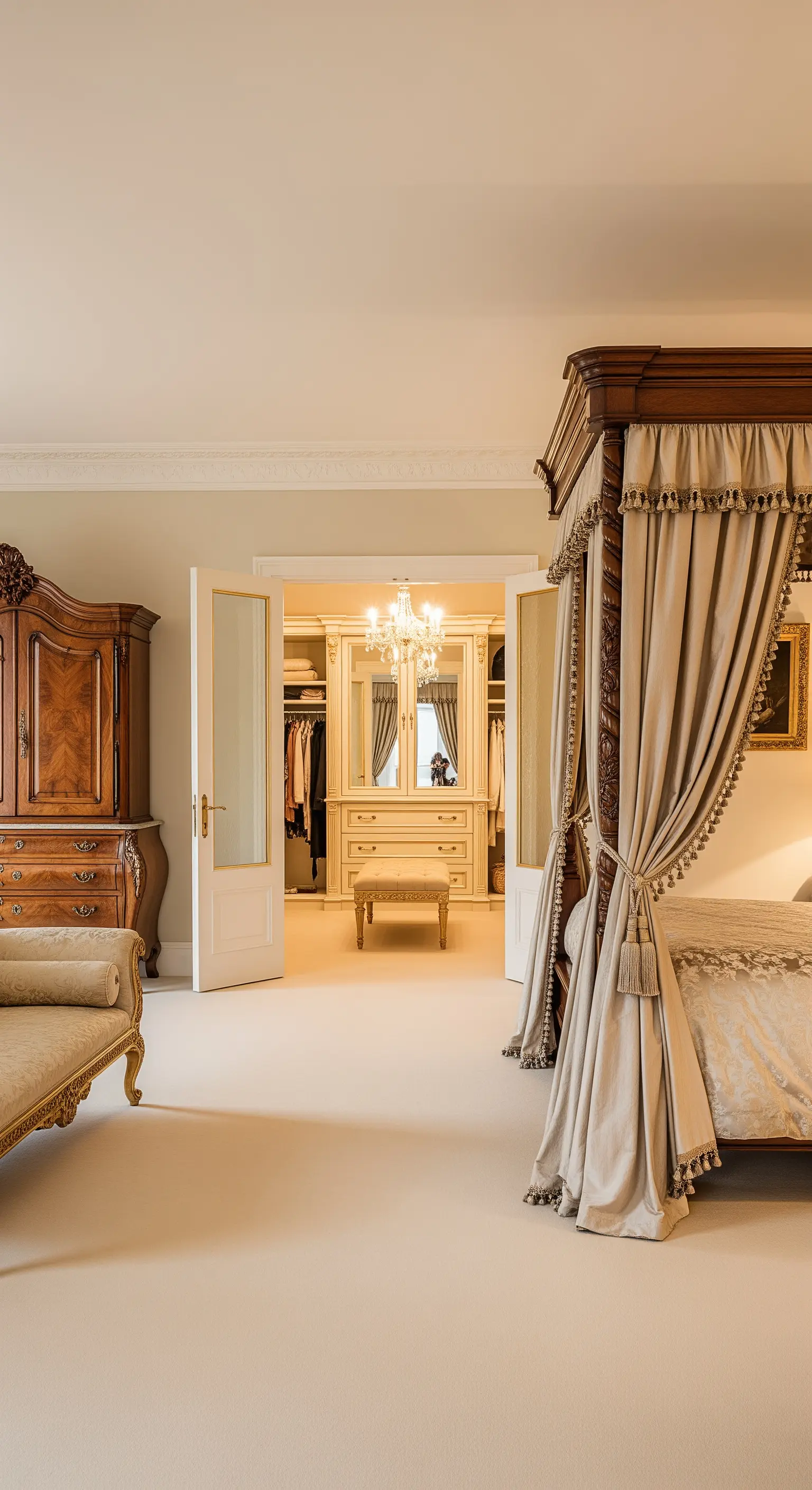 Elegantes, klassisches Schlafzimmer mit Himmelbett und offenem Zugang zum luxuriösen Ankleidezimmer