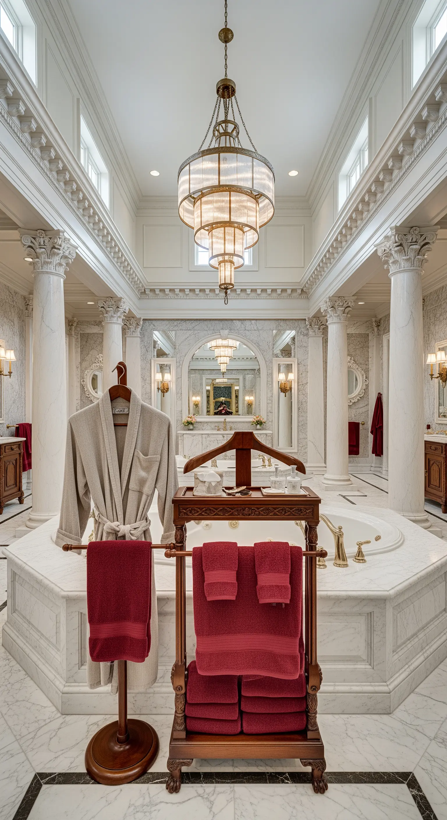 Klassischer Herrendiener aus Holz mit roten Handtüchern in einem opulenten Marmorbad.