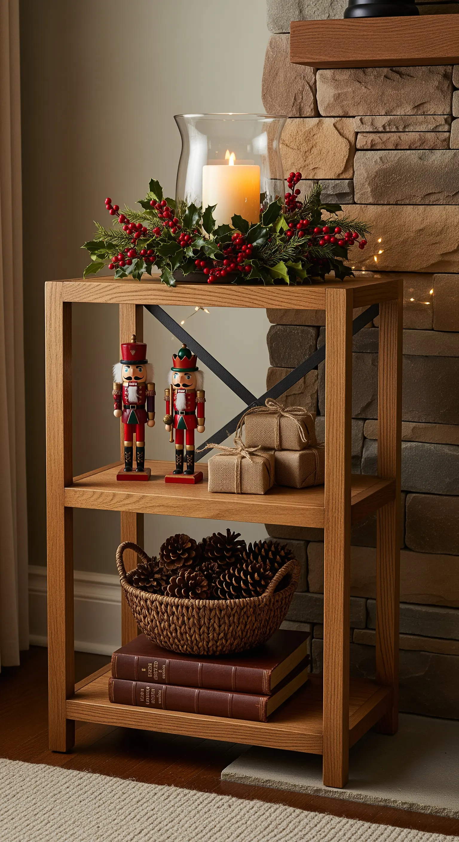 Holz-Etagere mit Nussknackern, Tannenzapfen und Kerze im Glas