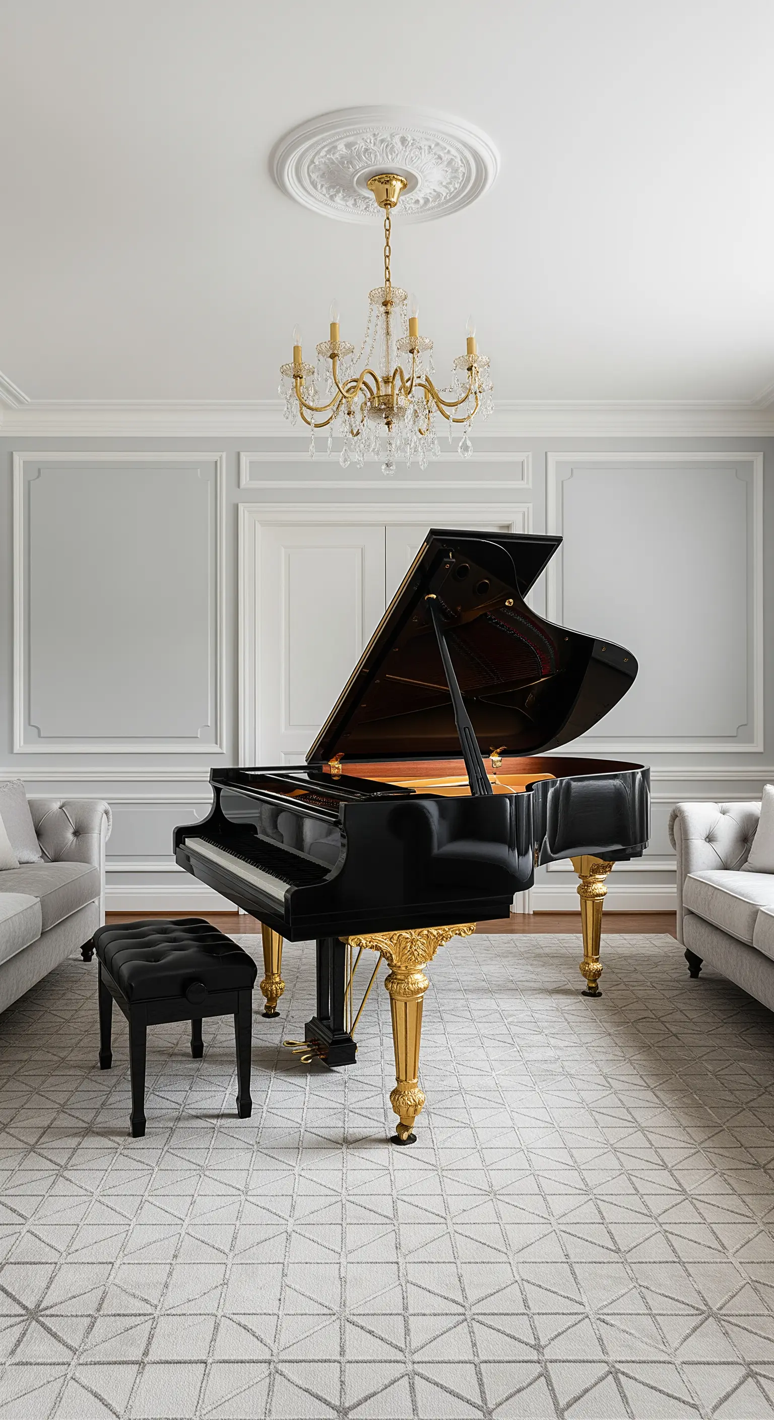 Eleganter Raum mit einem schwarzen Flügel auf goldenen Beinen, passend zum goldenen Kronleuchter.