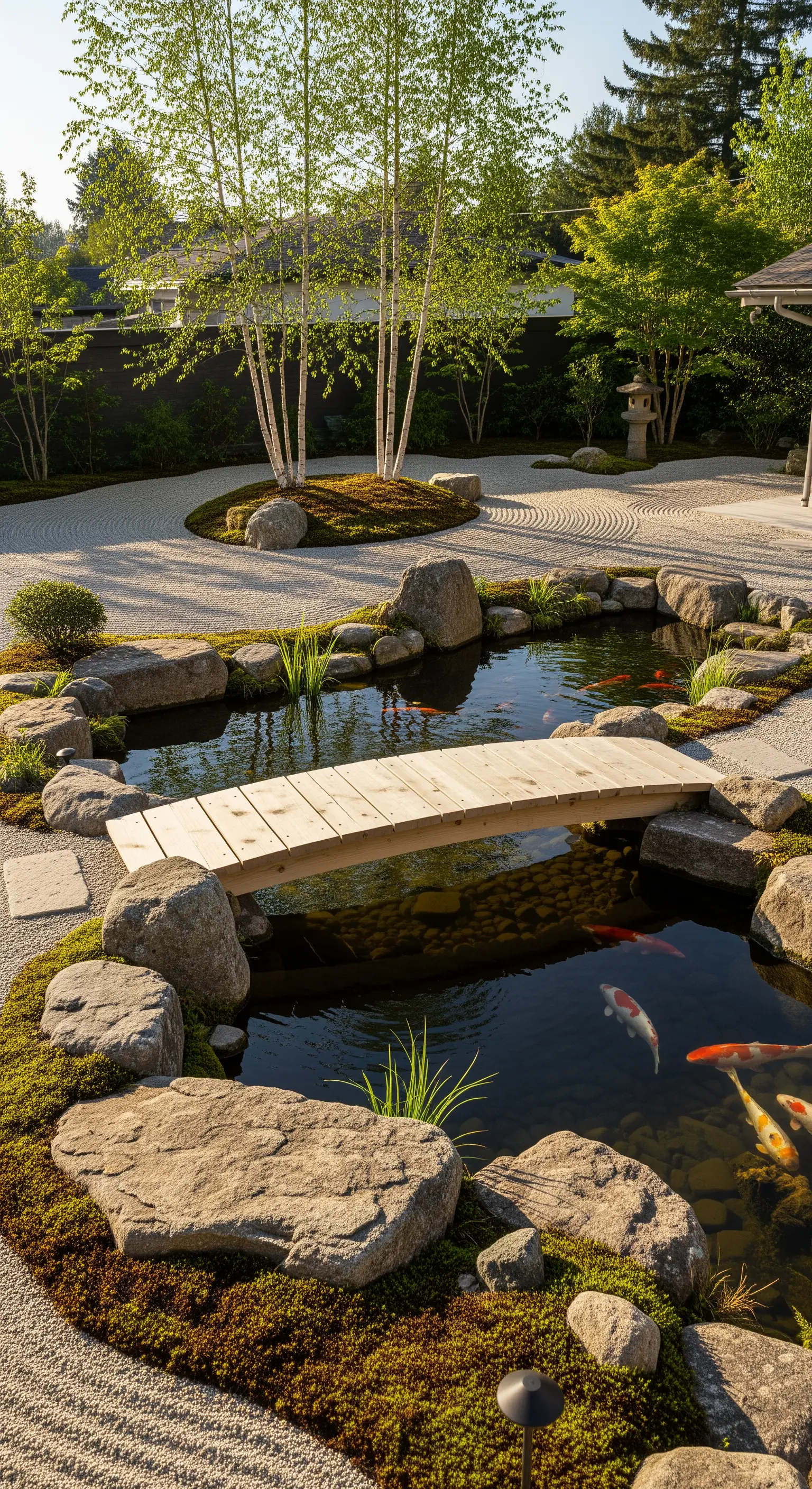 Koiteich, Holzbrücke, Moos, Steine, Kiesgarten