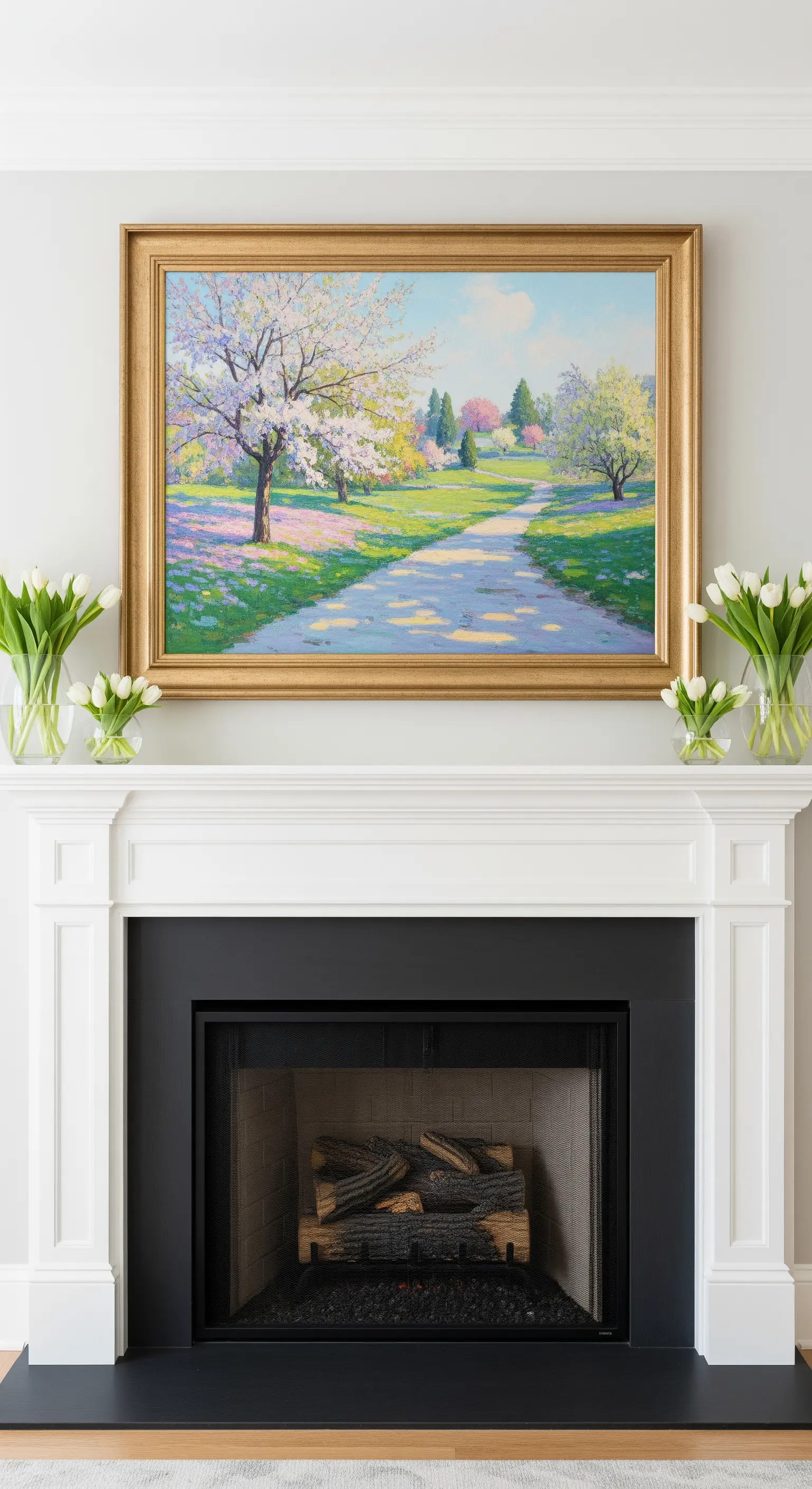 Klassisches Landschaftsgemälde über einem Kamin, flankiert von weißen Tulpen in Glasvasen.