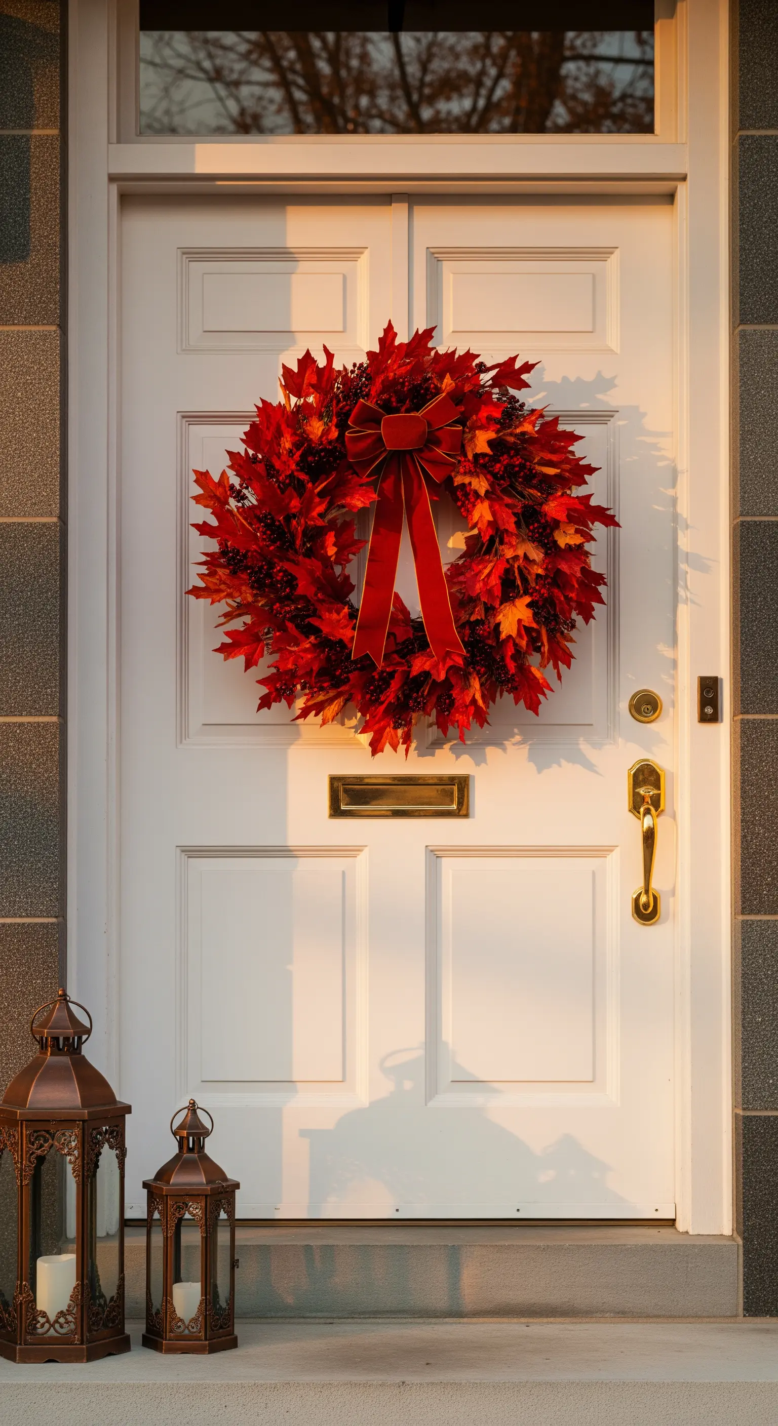 Weiße Haustür mit leuchtend rotem Ahornblattkranz und klassischen Laternen