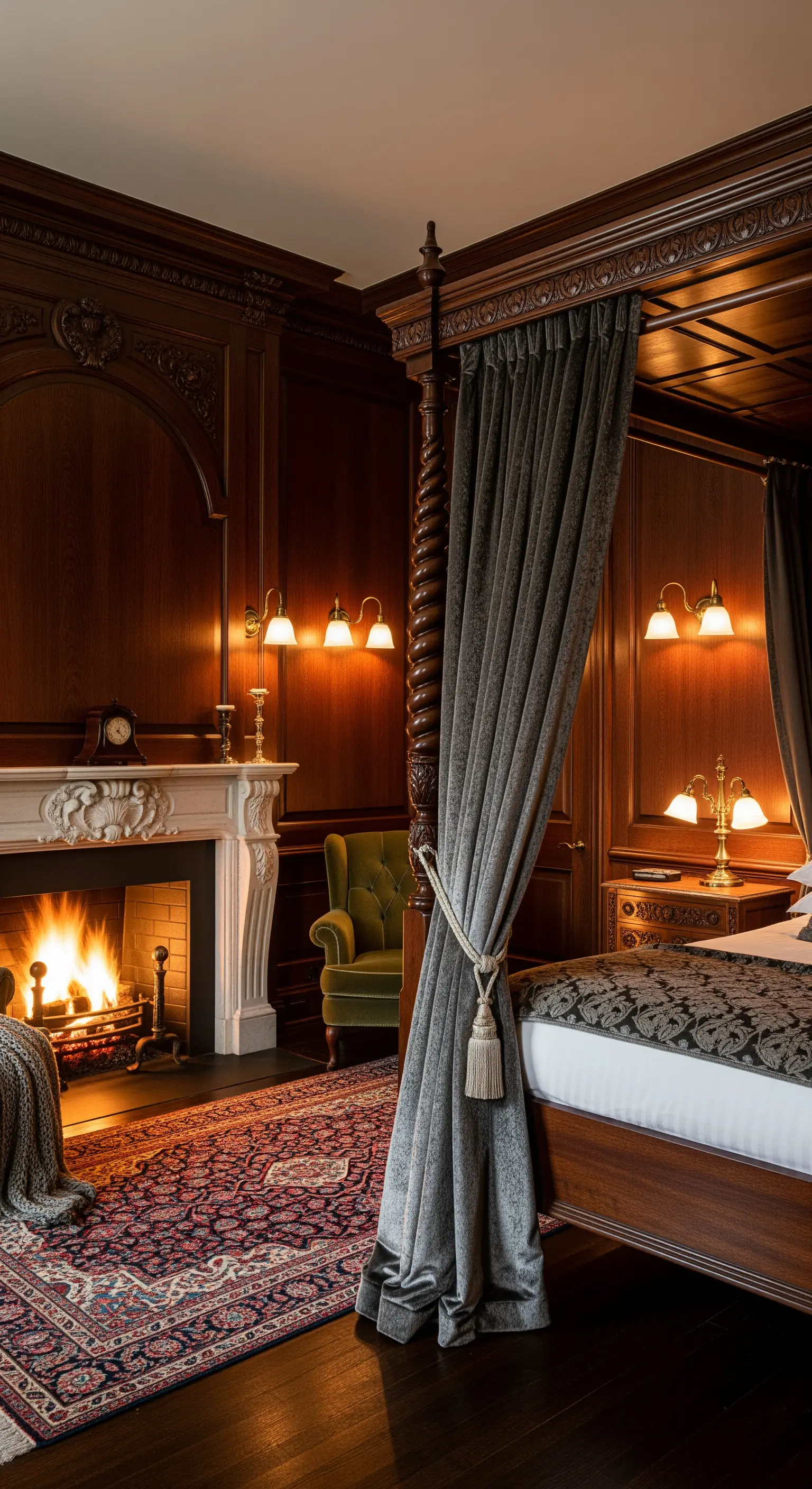 Holzvertäfelung, Marmorkamin, Samtvorhänge