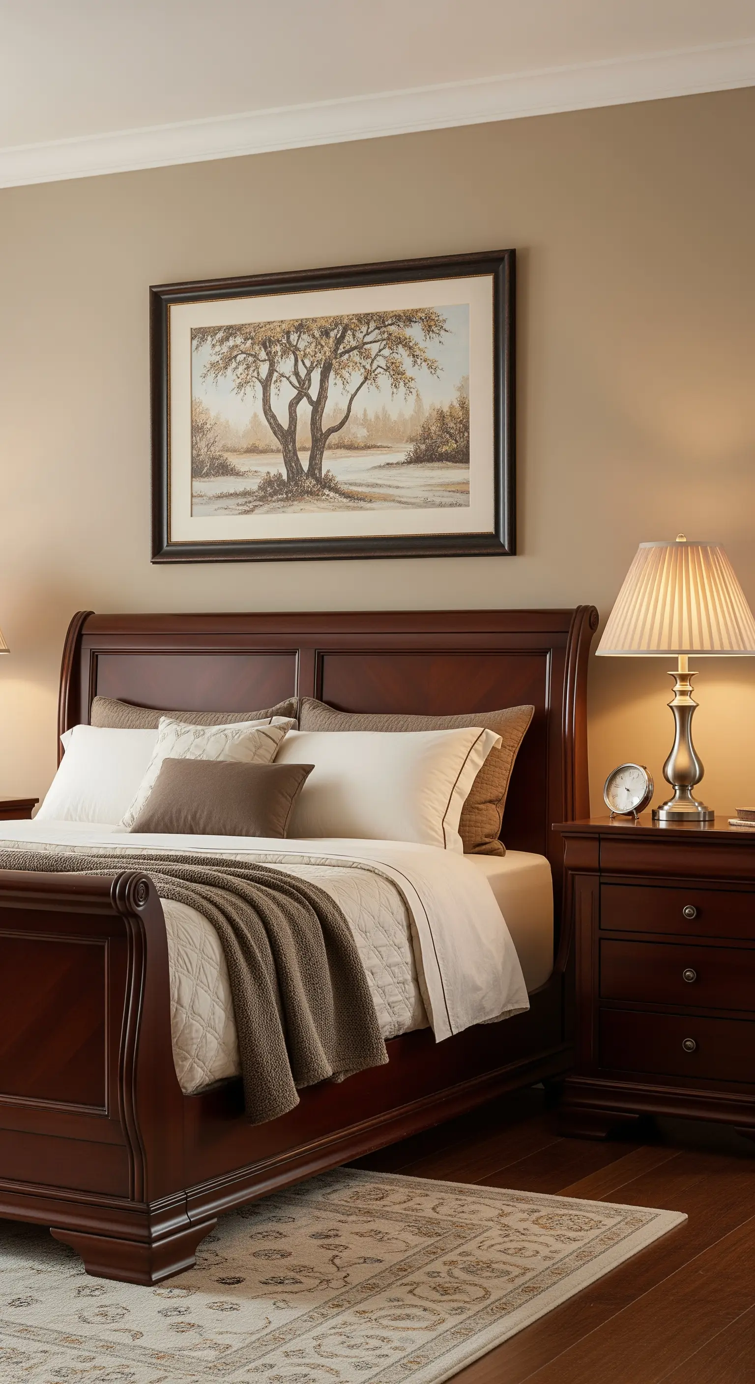 Traditionelles Schlafzimmer mit einem Schlittenbett aus Mahagoni und klassischem Gemälde.