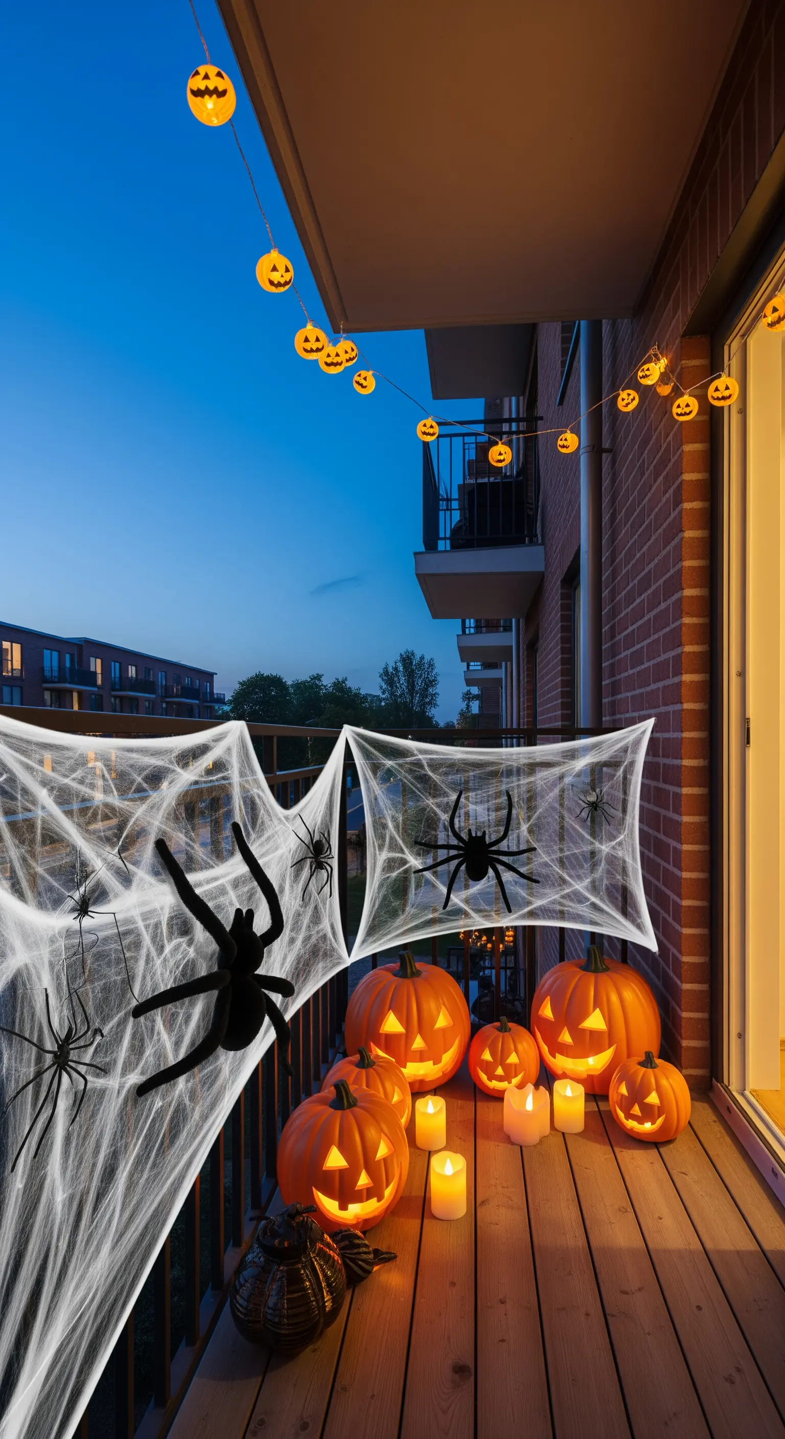 Klassische Halloween Balkondeko mit beleuchteten Kürbissen, Spinnennetzen und Spinnen bei Dämmerung.