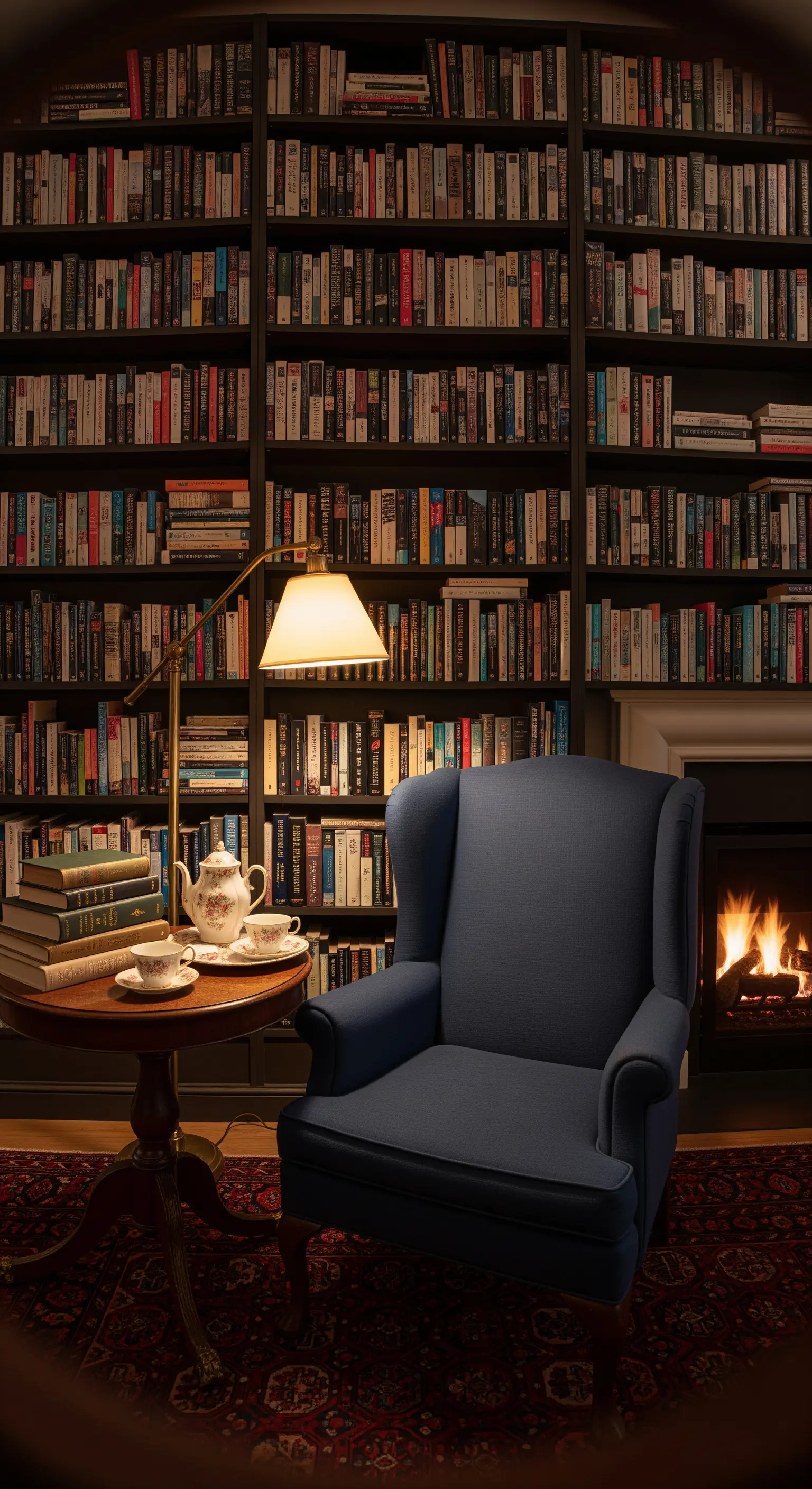 Ohrensessel vor Bücherwand und Kamin, mit Tisch und Teetasse