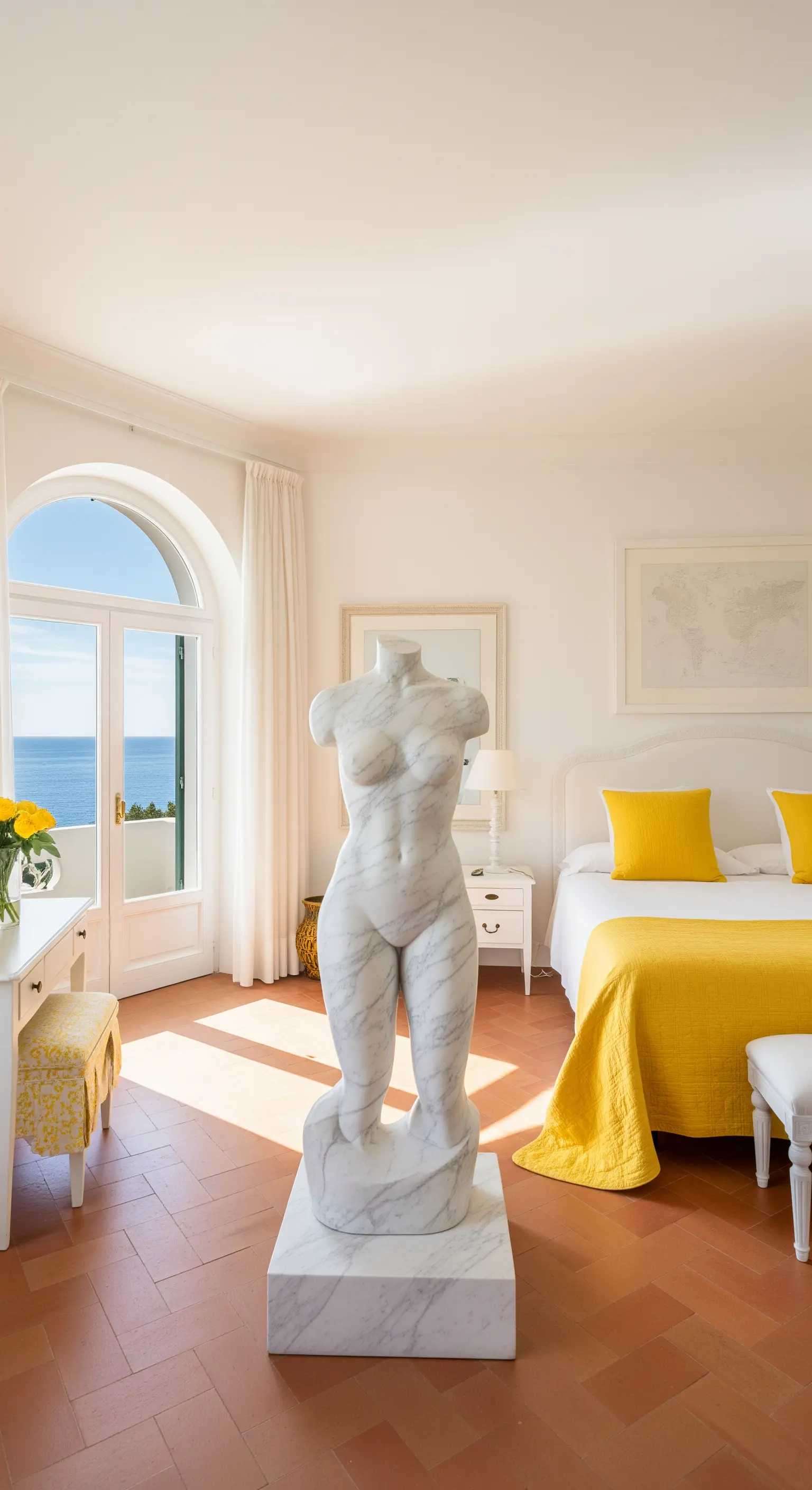 Klassische Marmorskulptur eines weiblichen Torsos in einem hellen, mediterranen Schlafzimmer.