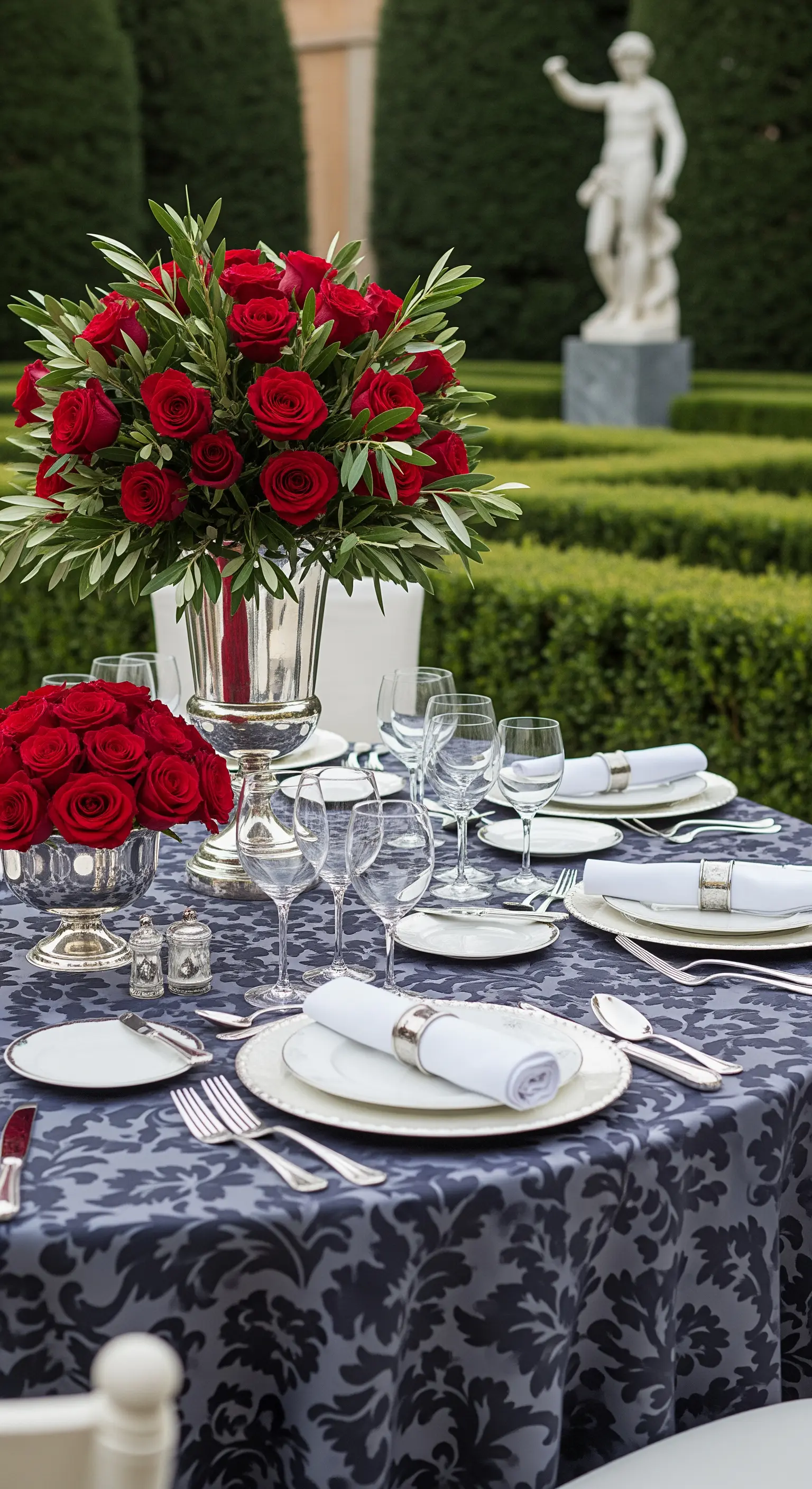 Formelle Tafel mit blauer Tischdecke, roten Rosen in Silbervasen und Silberbesteck