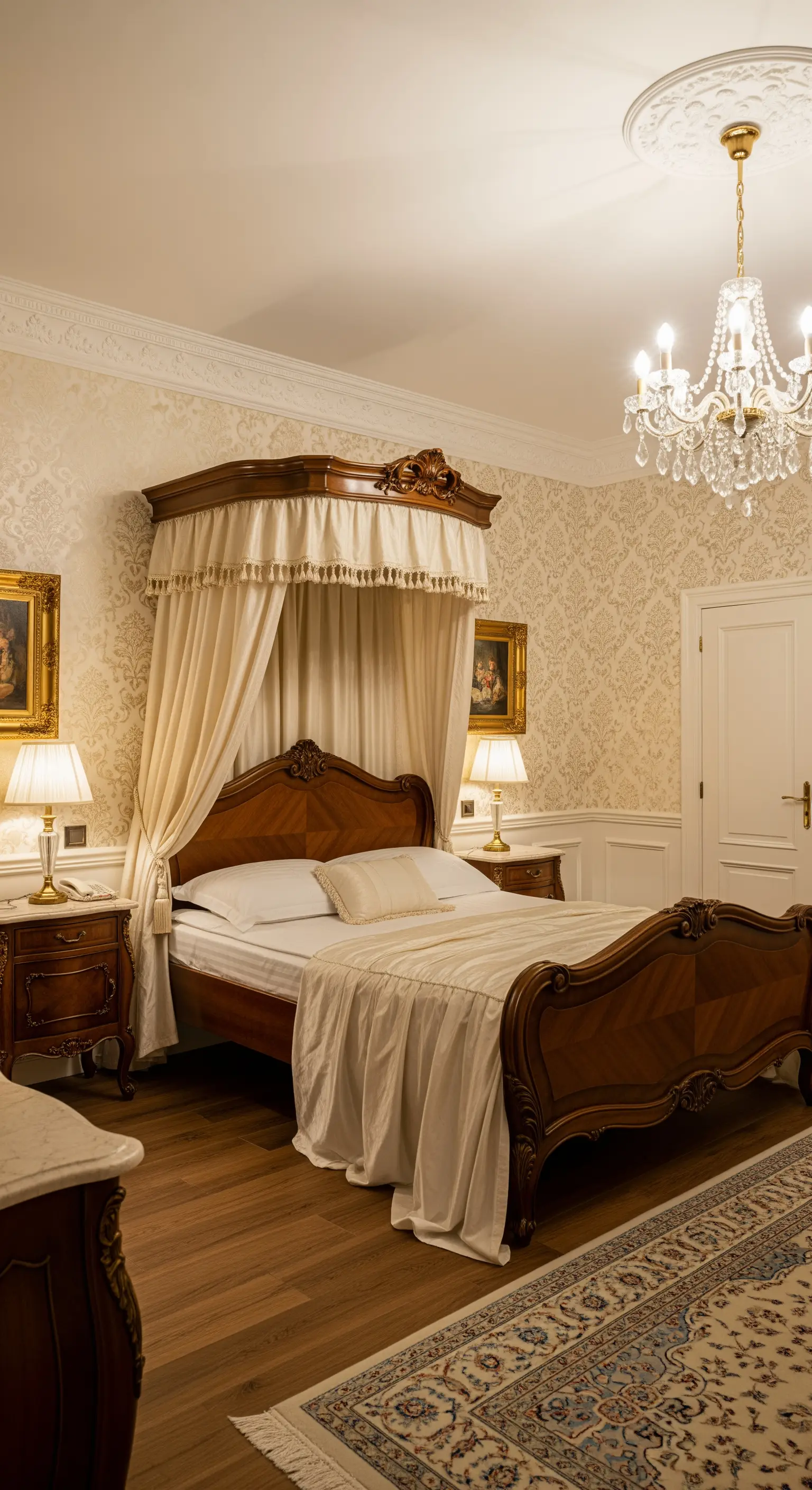 Prunkvolles Schlafzimmer im klassischen Stil mit Damast-Tapete und Himmelbett.