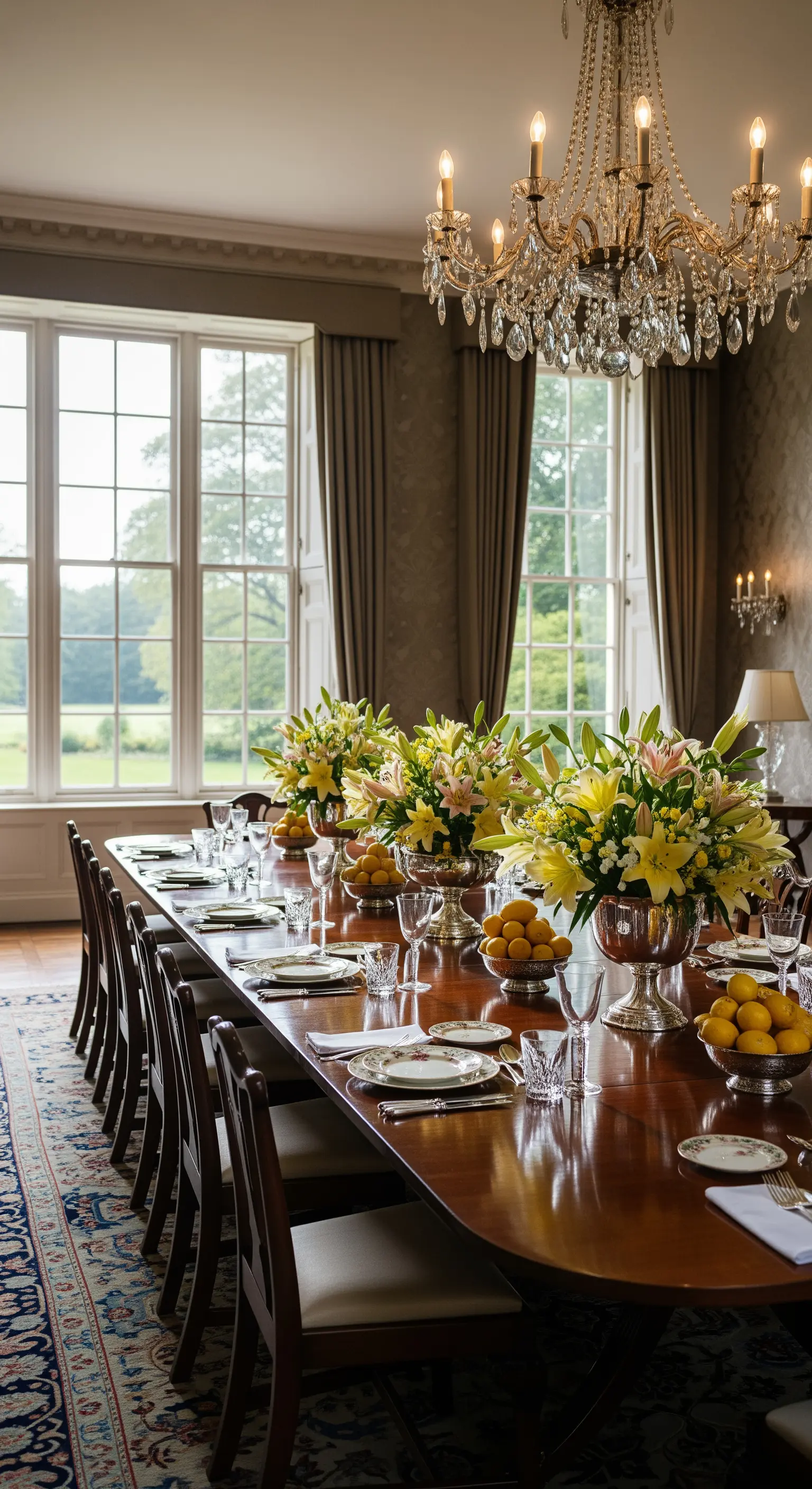 Formaler Esstisch mit großen Arrangements aus gelben Lilien, Zitronen in Silberschalen