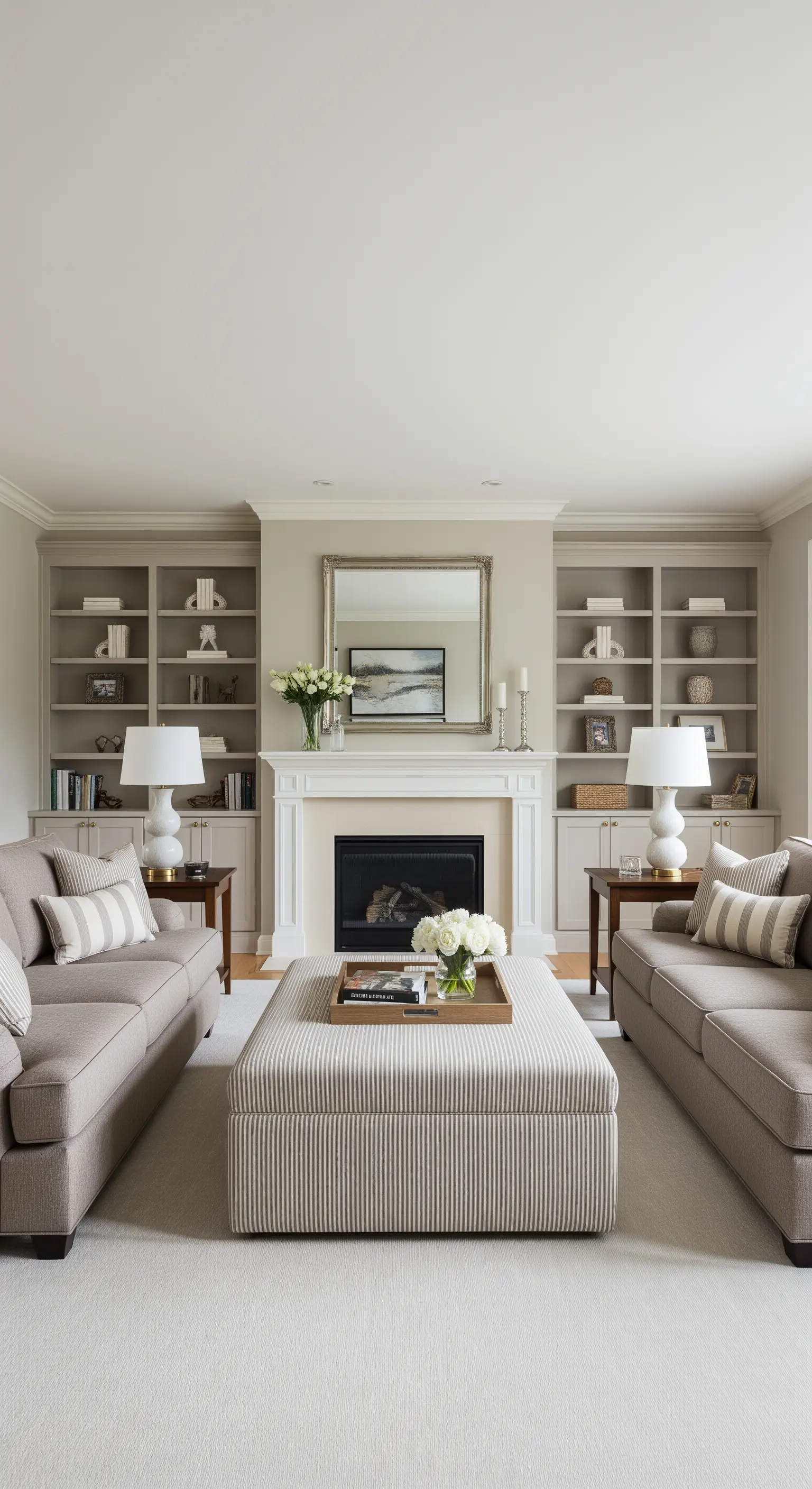Symmetrisches Wohnzimmer mit Einbauregalen, die einen Kamin einrahmen, und einem gestreiften Polsterhocker.