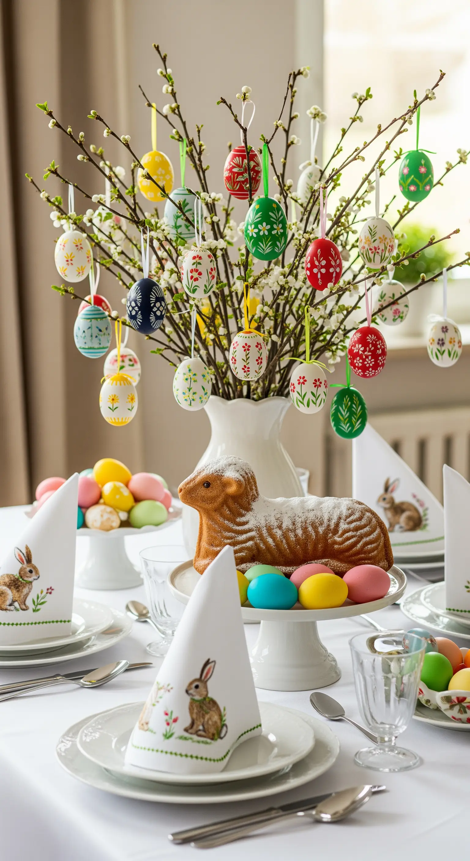Traditionelle Ostertafel mit Osterlamm, bunten Eiern und blühendem Zweig