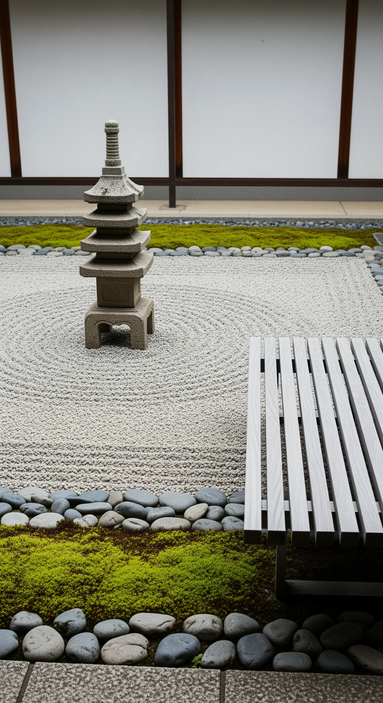 Japandi Zen-Garten mit Pagode, Holzbank, Kies und Moos