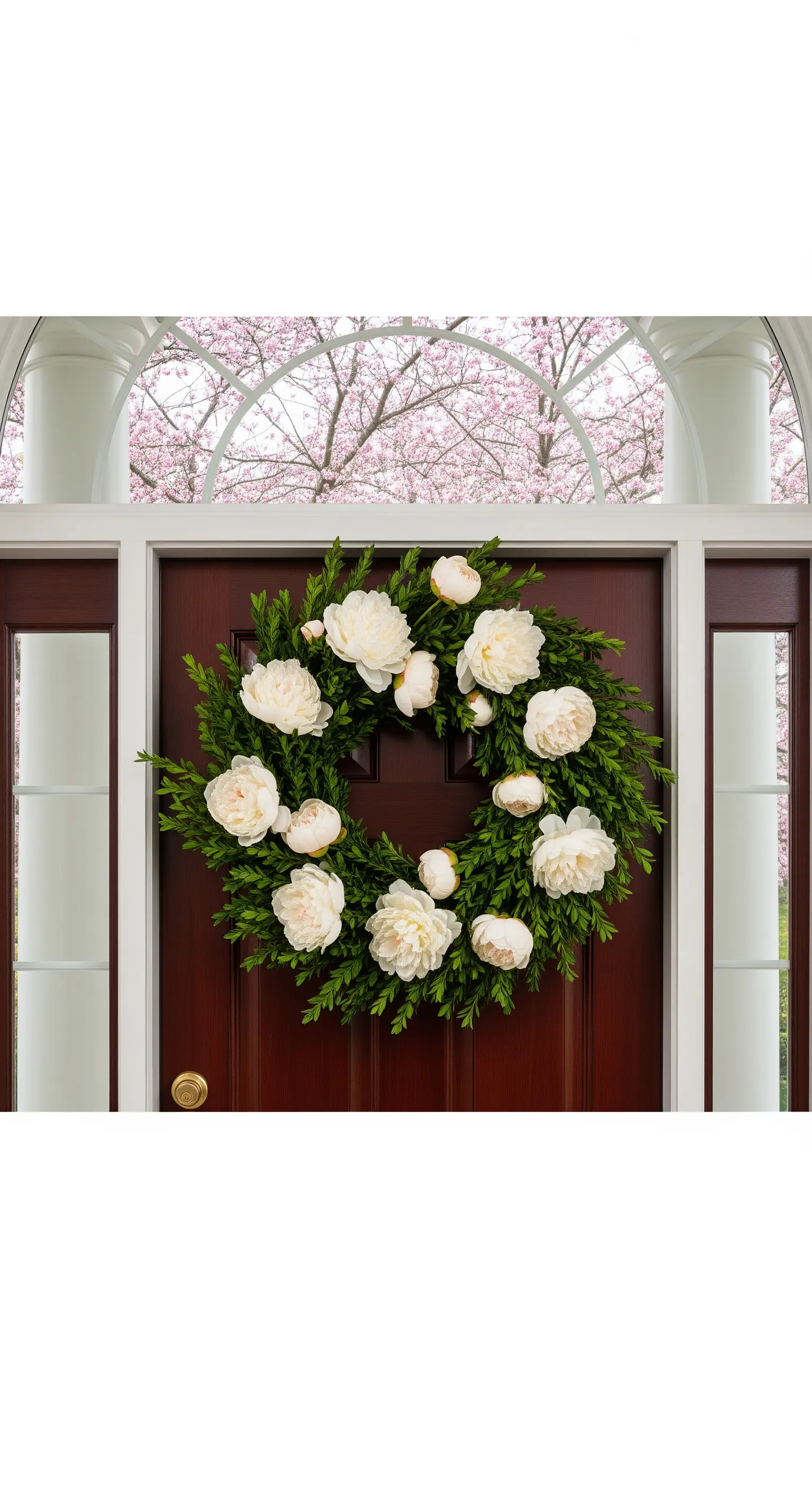 Üppiger Kranz mit großen, cremeweißen Pfingstrosen und sattem Grün auf dunkler Holztür.