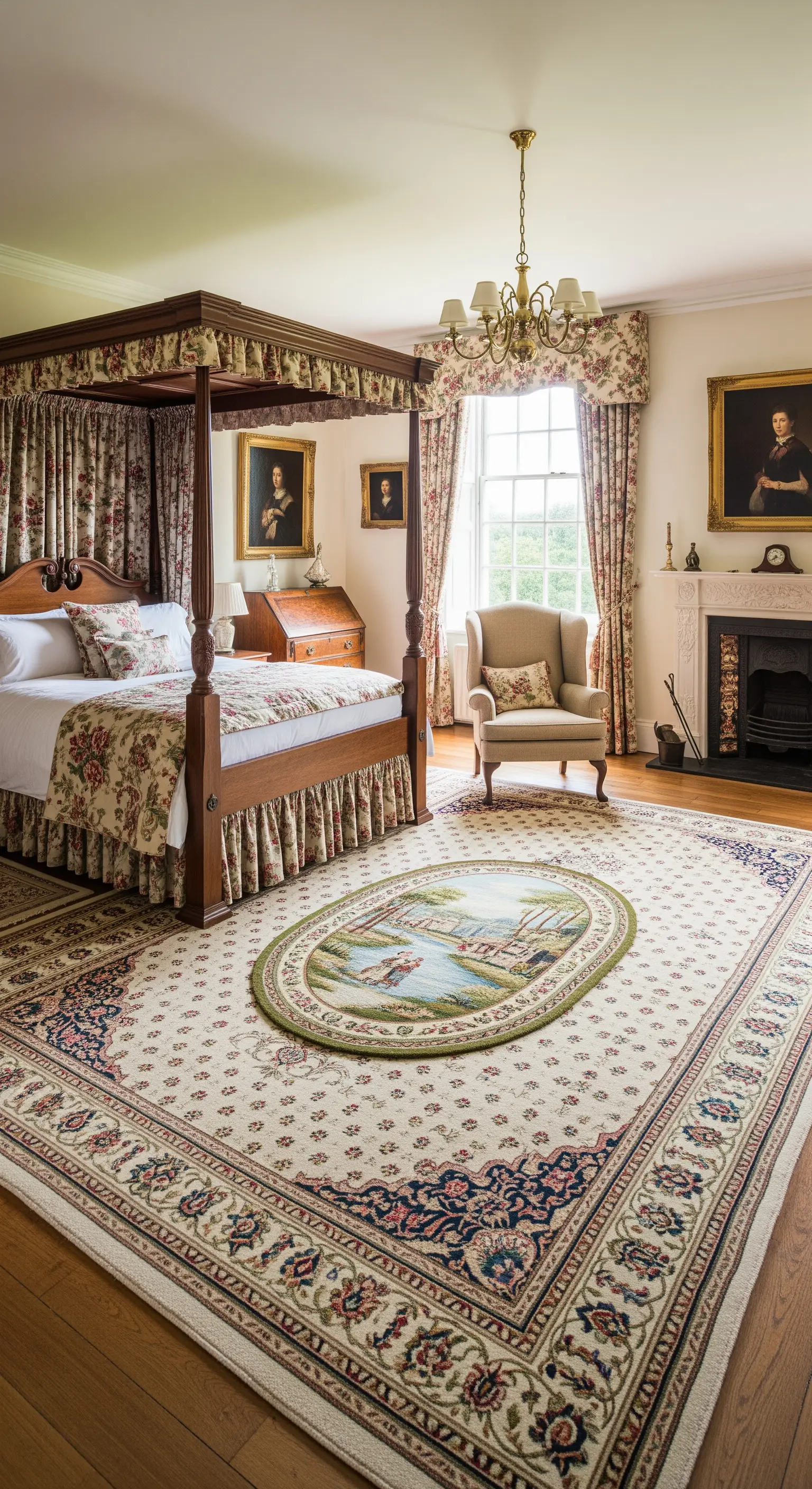 Englisches Landhaus-Schlafzimmer mit einem ovalen Motiv-Teppich auf einem großen traditionellen Teppich