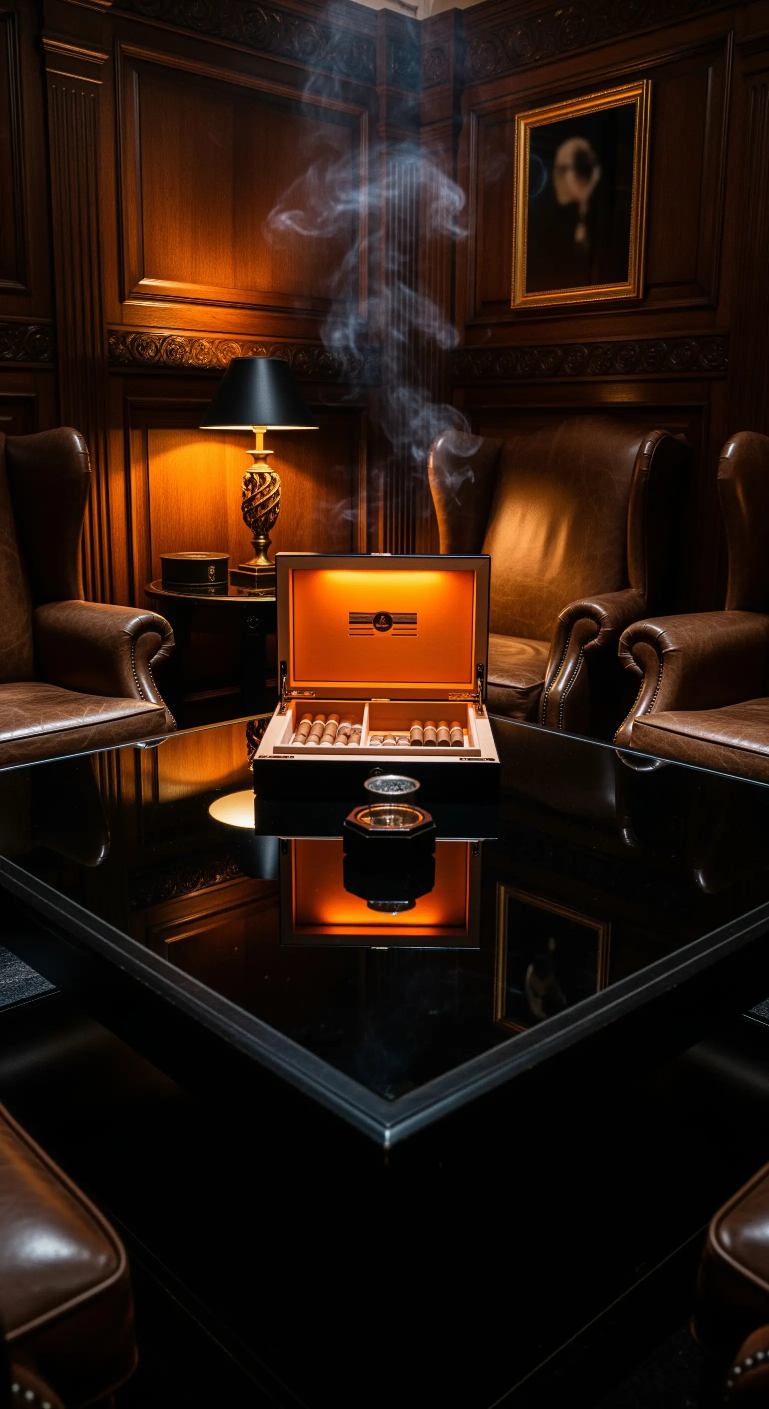 Raucherlounge mit Holzvertäfelung, Ledersesseln und glänzendem Couchtisch