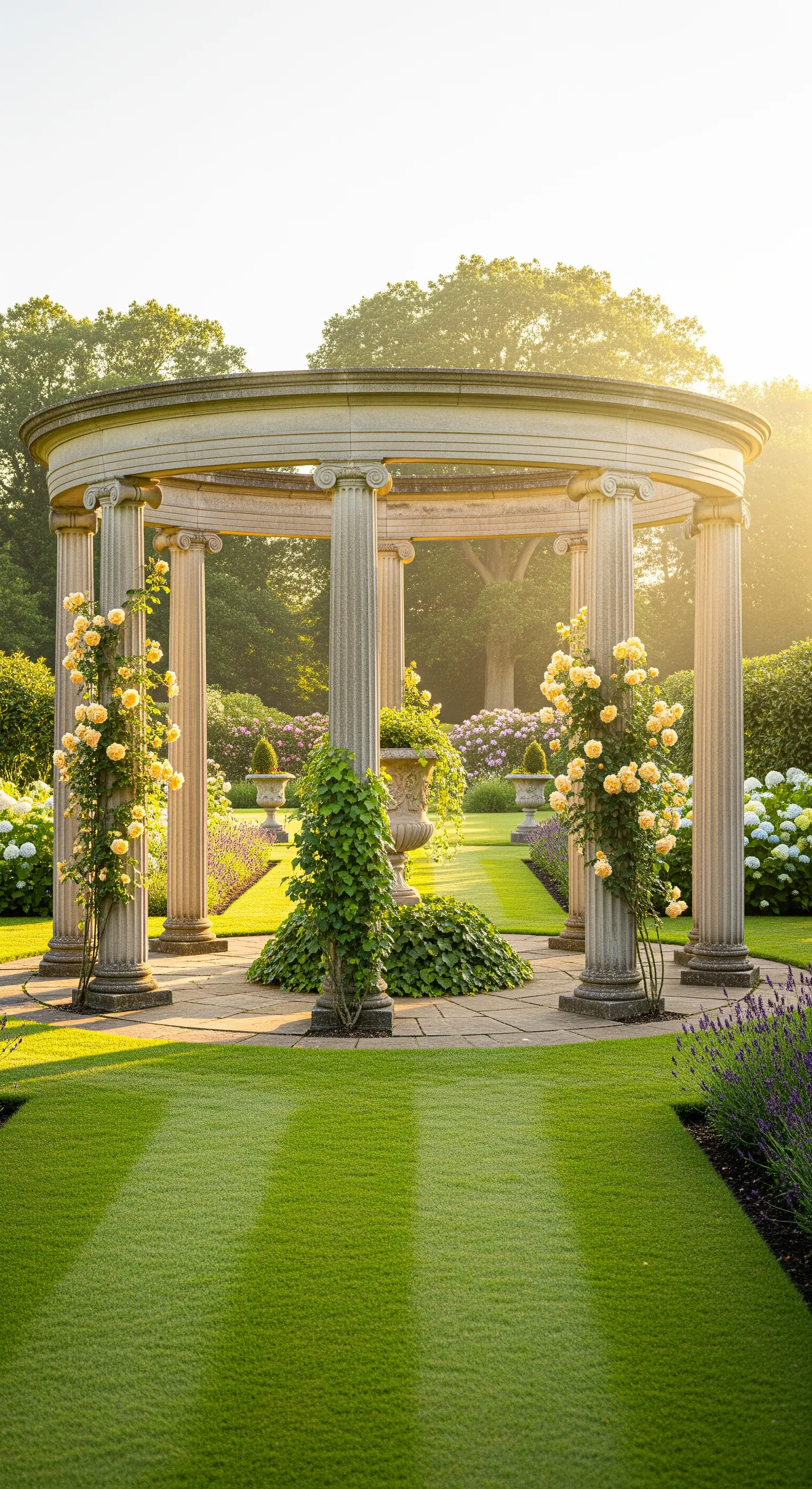 Steinerne Rotunden-Pergola mit gelben Kletterrosen und einem formalen Rasenbereich