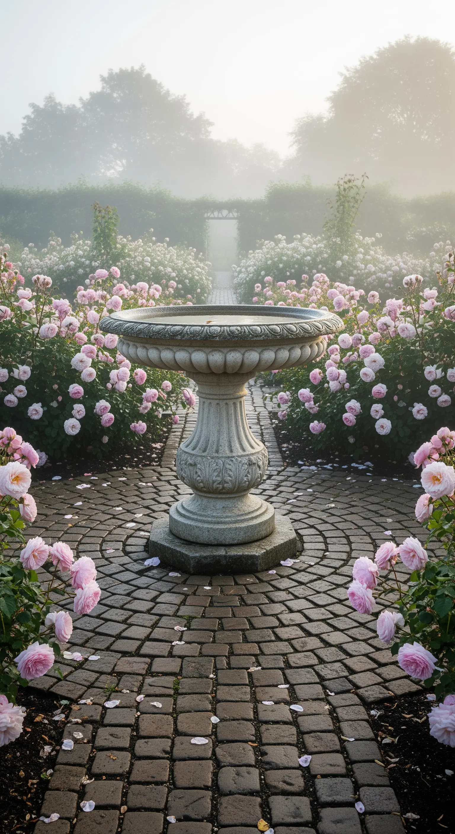 Klassische Vogeltränke aus Steinguss, umgeben von pastellfarbenen Rosen auf Kopfsteinpflaster