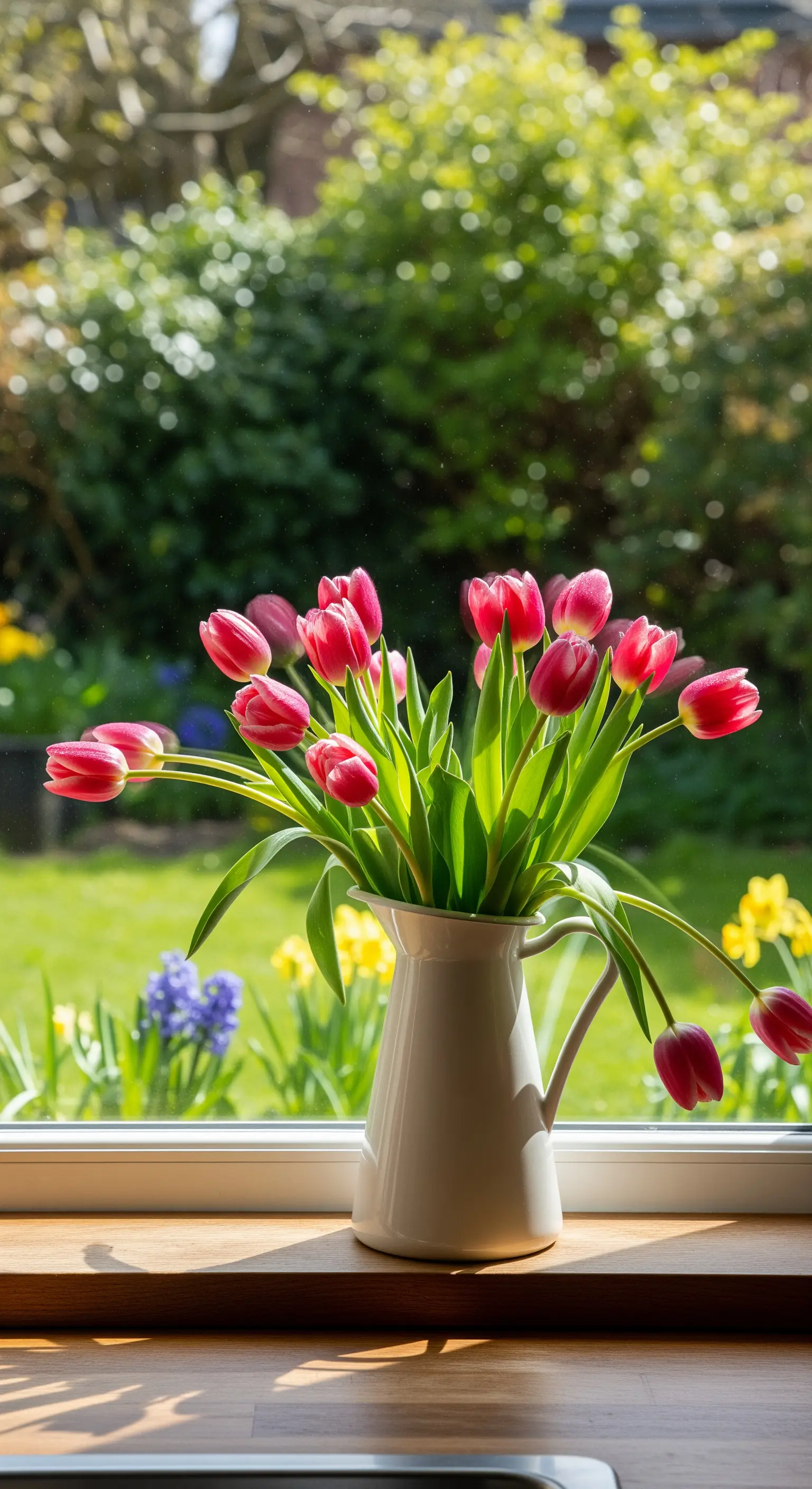 Ein Strauß leuchtend pinker Tulpen in einer weißen Vase auf einer Holzfensterbank im Sonnenlicht.