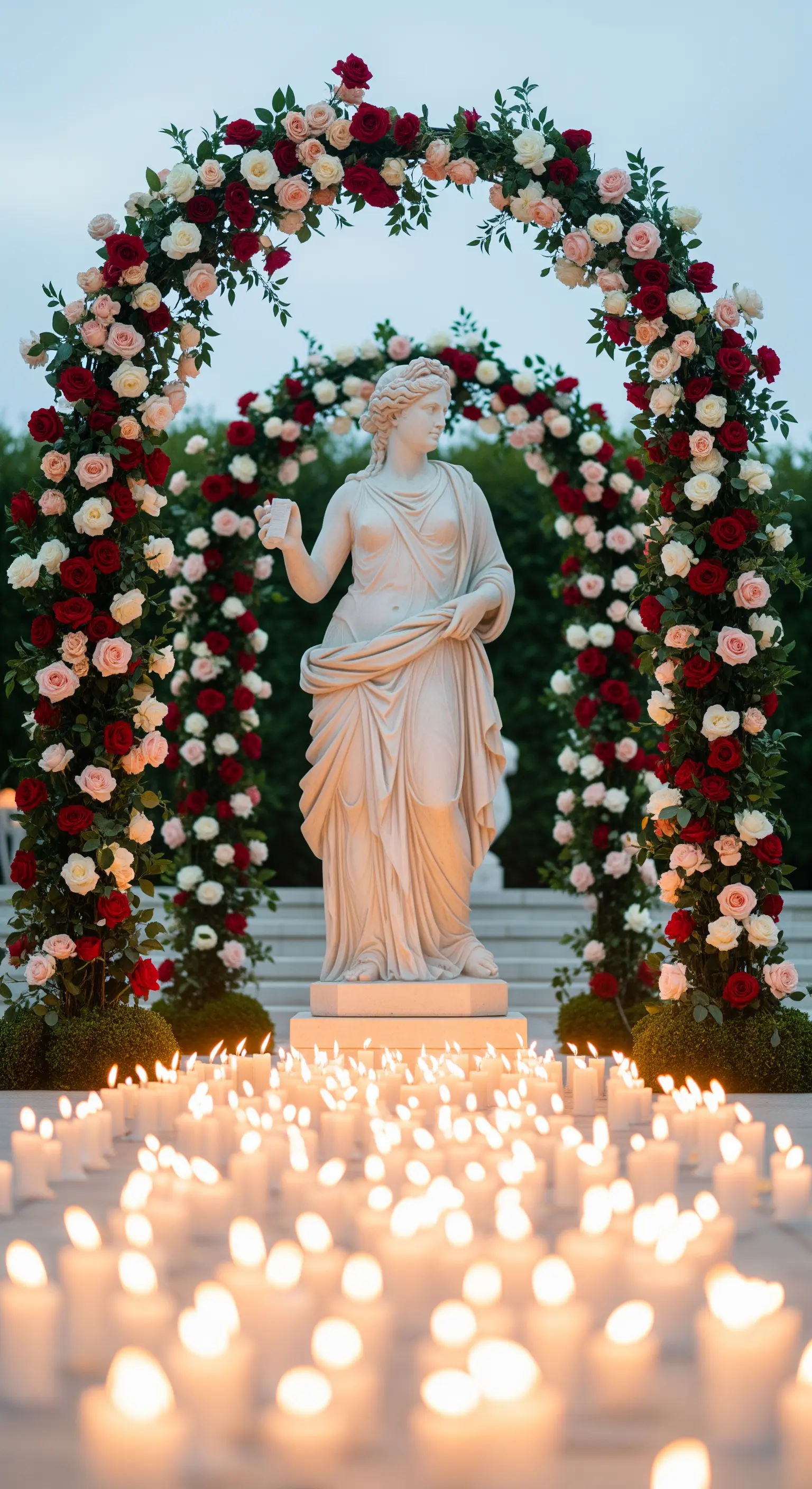Statue umrahmt von Rosenbogen und einem Meer aus Kerzenlichtern im Garten