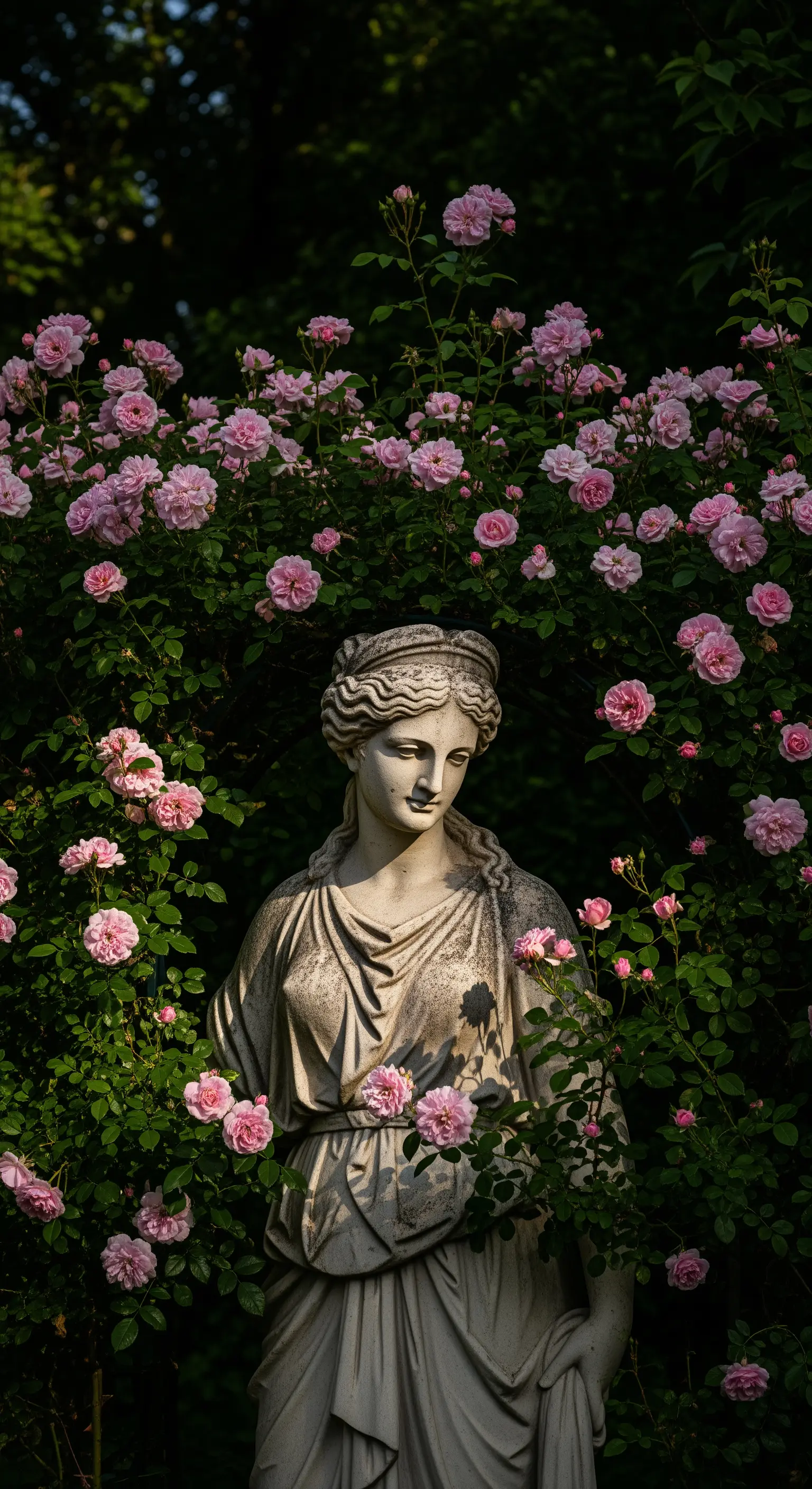 Klassische Steinskulptur einer Frau, umrahmt von pinken Rosenbüschen.