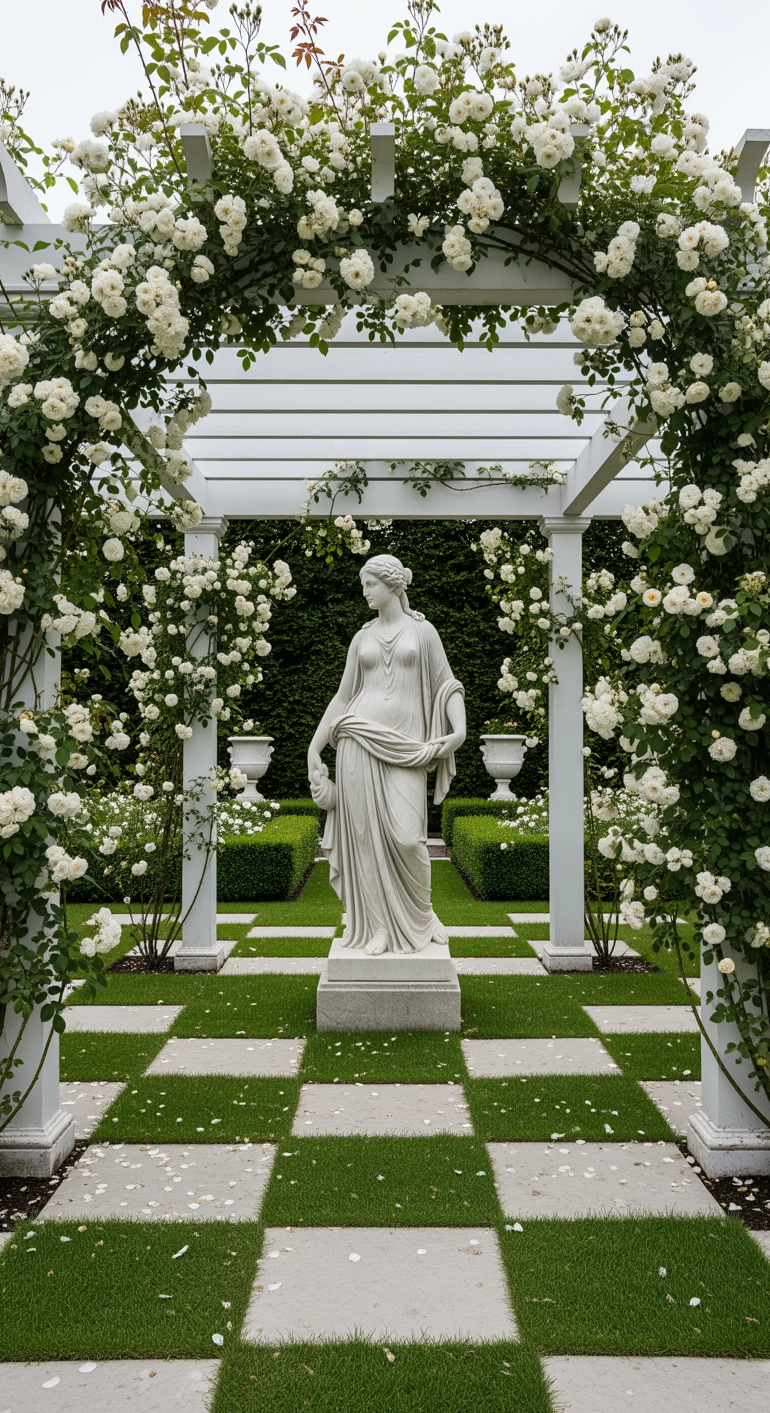 Weiße Pergola mit weißen Kletterrosen um eine klassische Statue, auf einem Schachbrett-Rasen