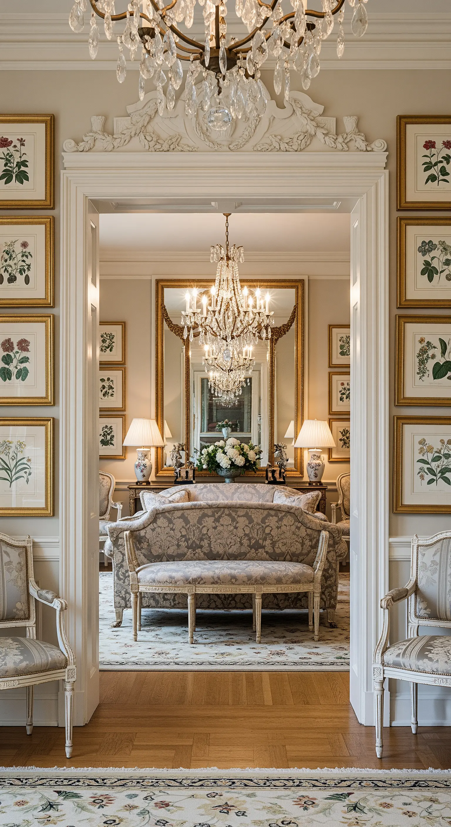 Symmetrisch angeordnete botanische Drucke in Goldrahmen um einen eleganten Türdurchgang.