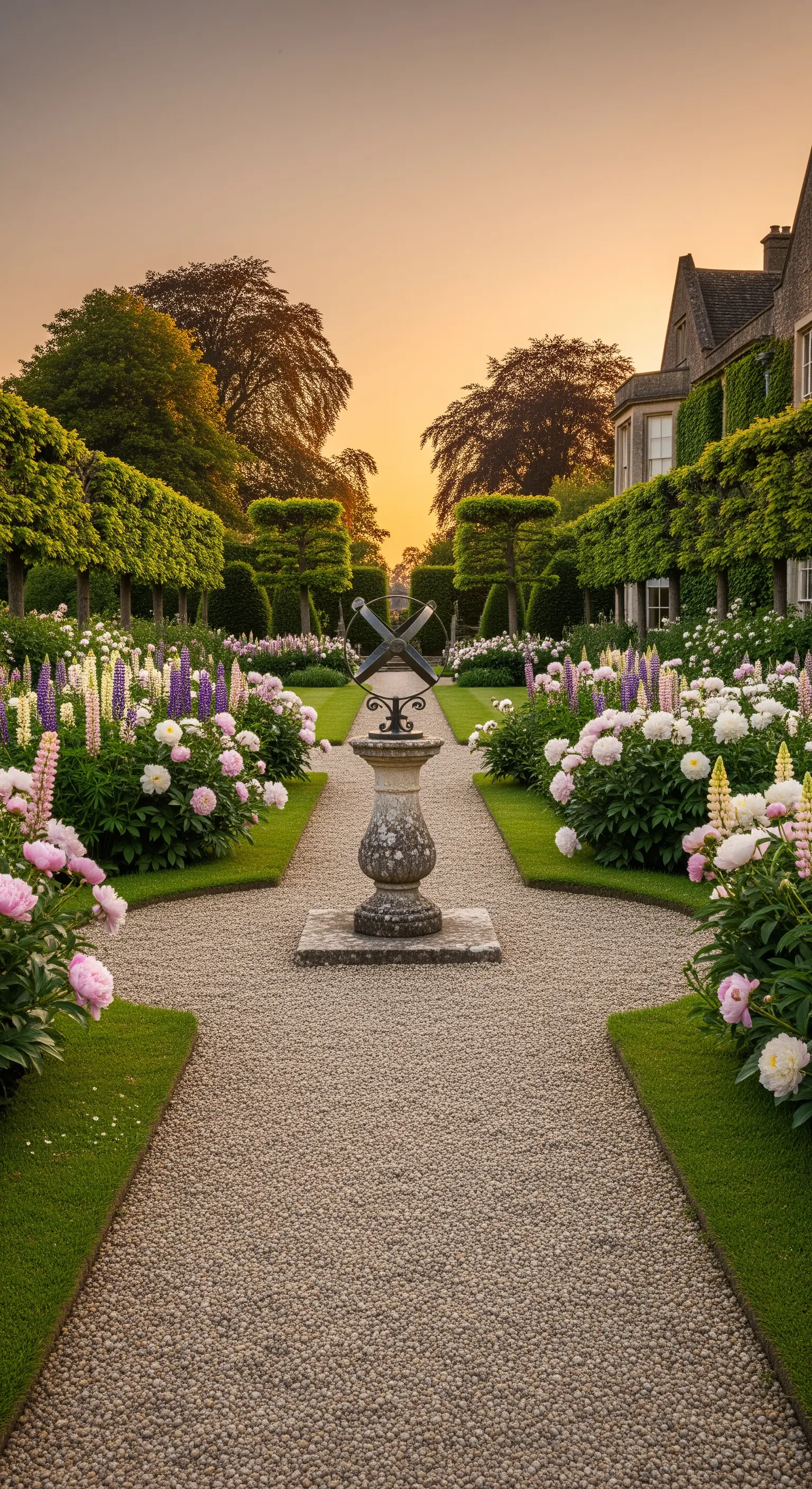 Grosser Kiesweg mit Sonnenuhr, Pfingstrosen und Lupinen in symmetrischen Beeten