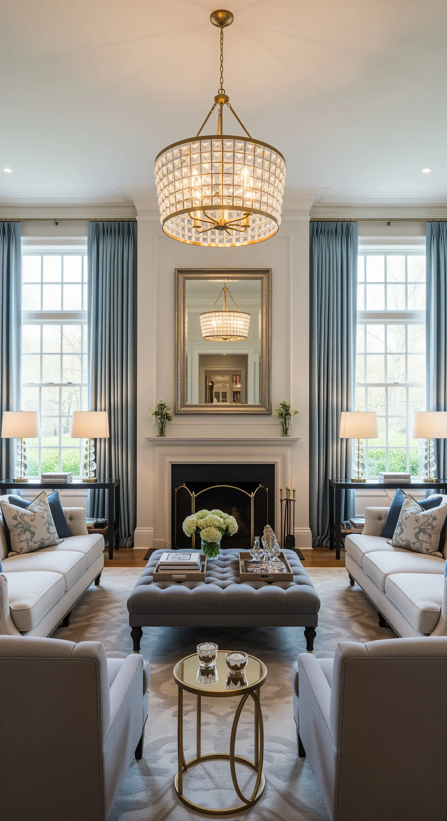 Klassisch-symmetrisches Wohnzimmer mit hellblauen Vorhängen und zentralem Kamin.