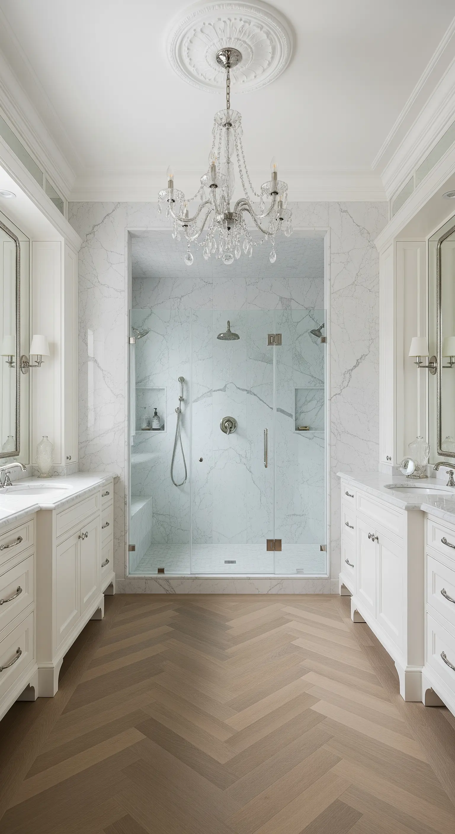 Klassisches Luxusbad mit zwei Waschtischen, Marmorwänden, Kristalllüster und zentraler Glasdusche