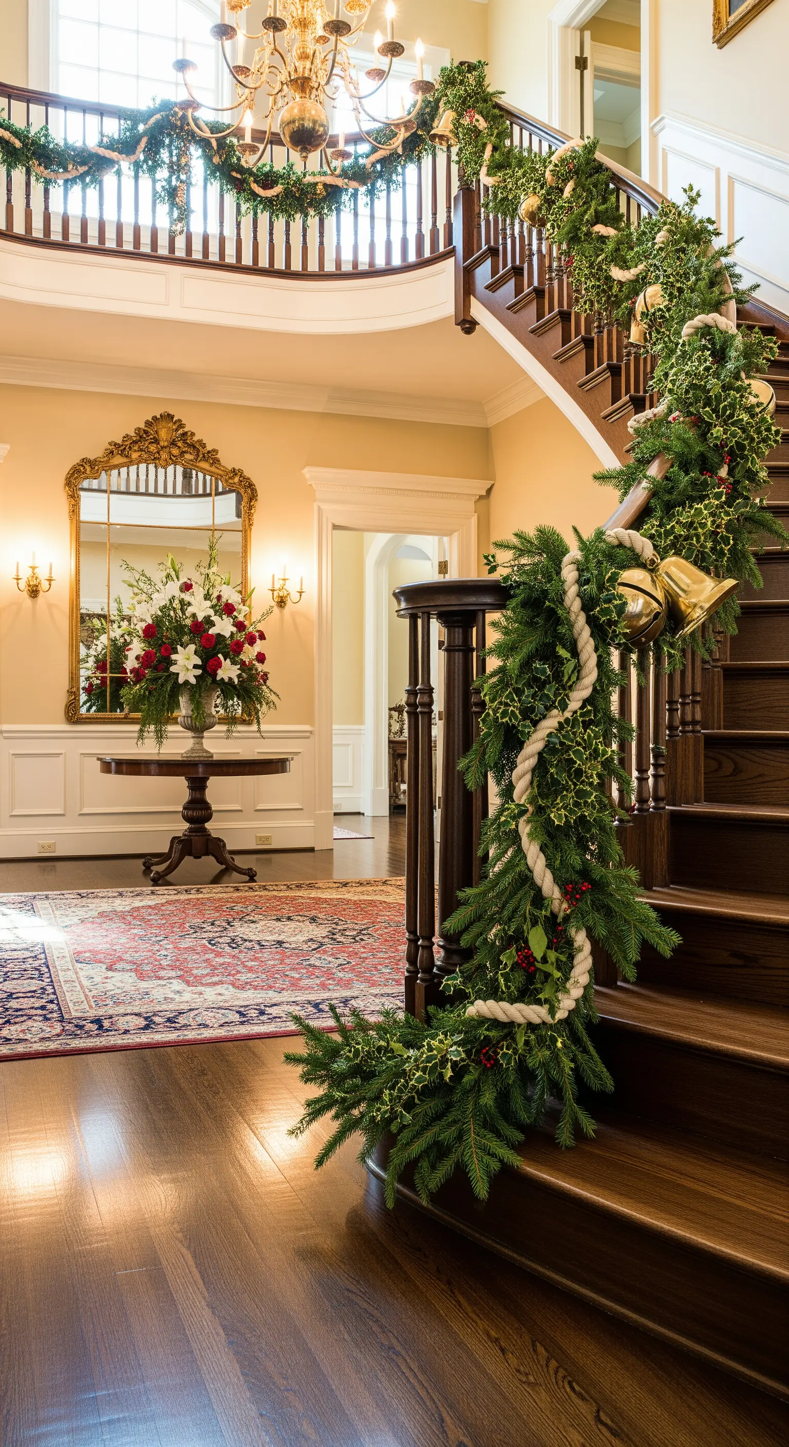 Klassische Treppengirlande aus Tannengrün mit großen goldenen Glocken und Seilakzenten