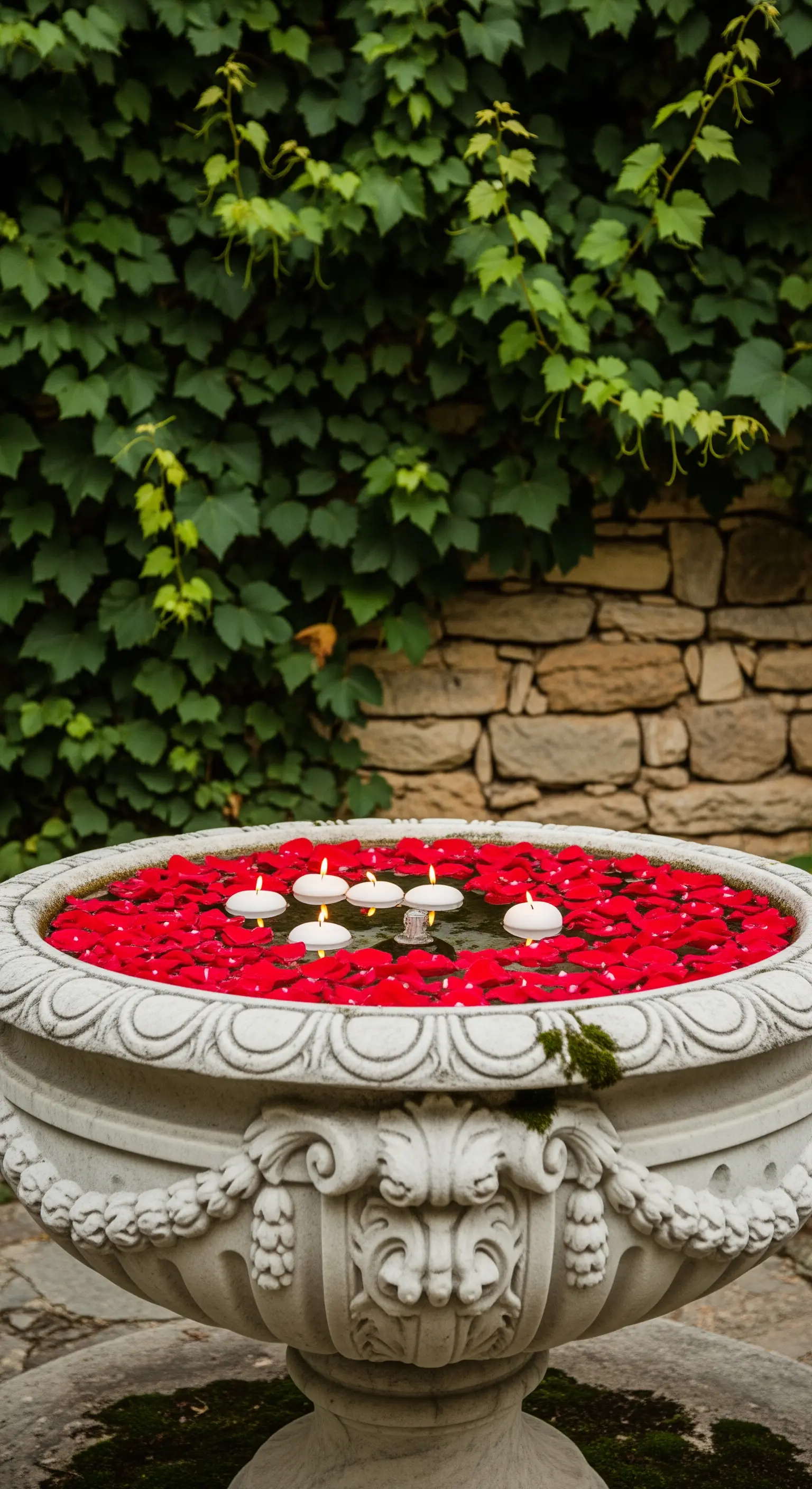 Steingefäß mit roten Rosenblättern und schwimmenden Kerzen vor Steinmauer