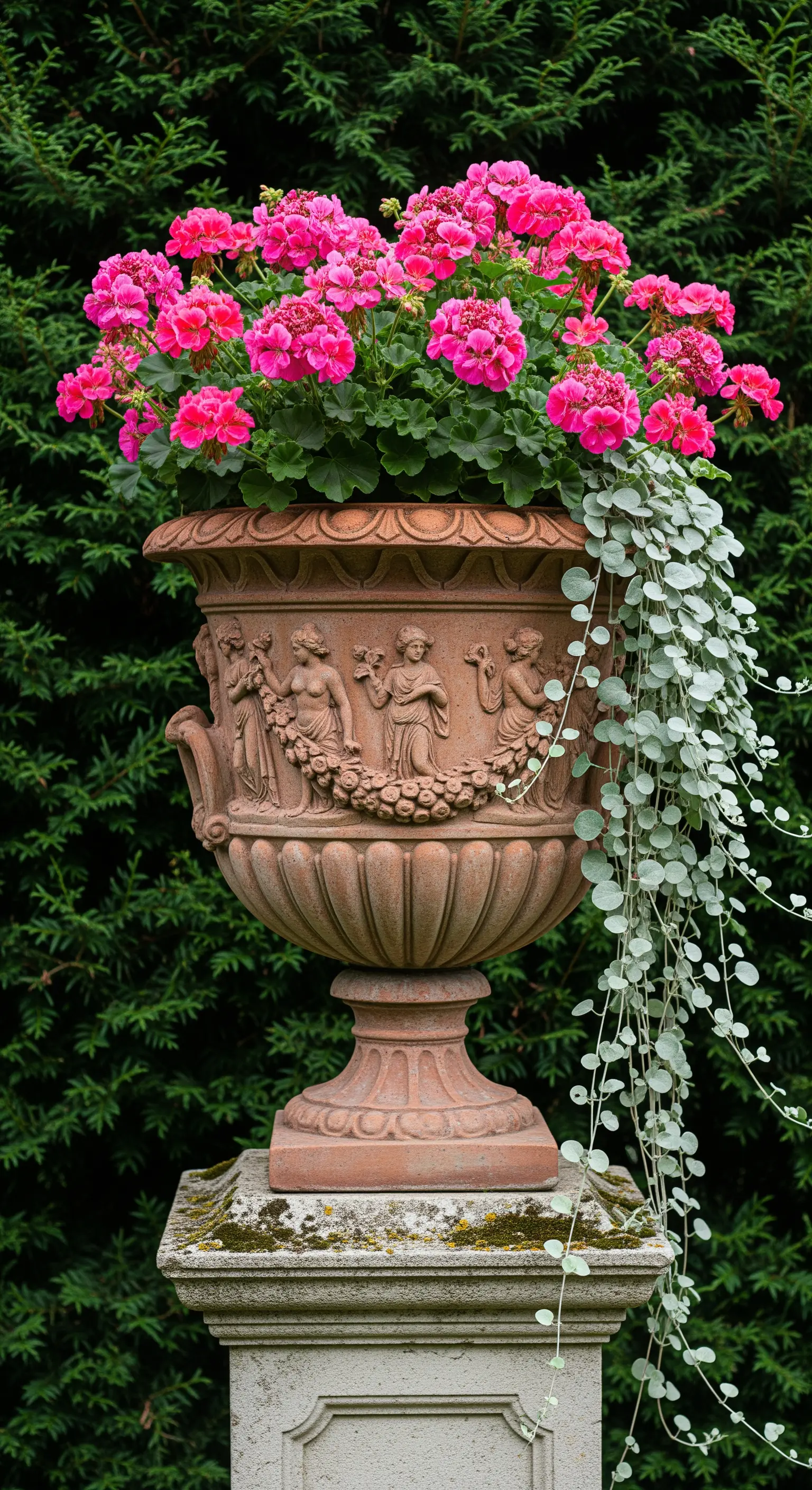 Verzierte Steinurne mit pinken Geranien und herabhängender Silberpflanze