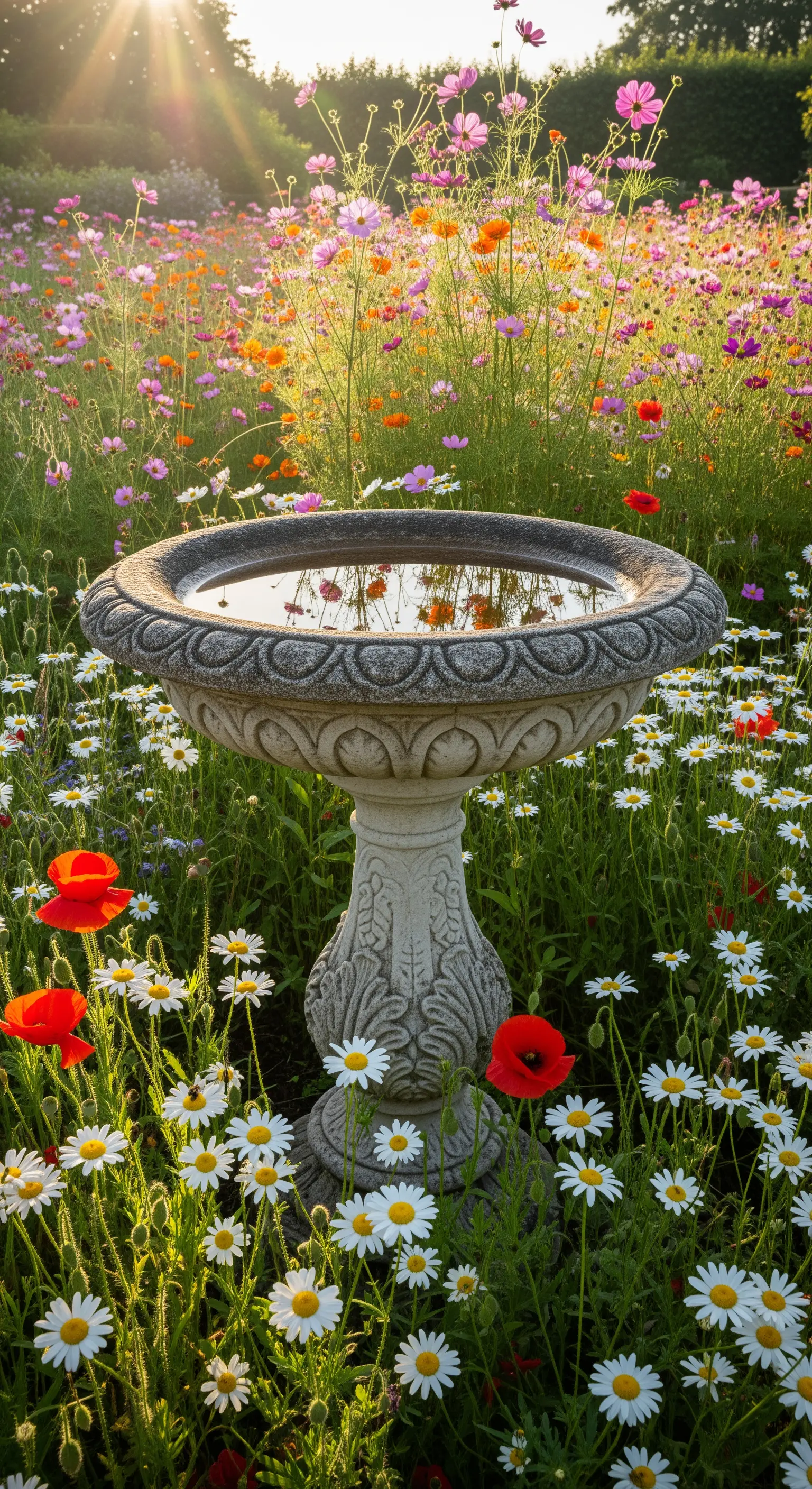 Steinerne Vogeltränke in einer Wildblumenwiese mit Mohn und Kamille bei Sonnenuntergang