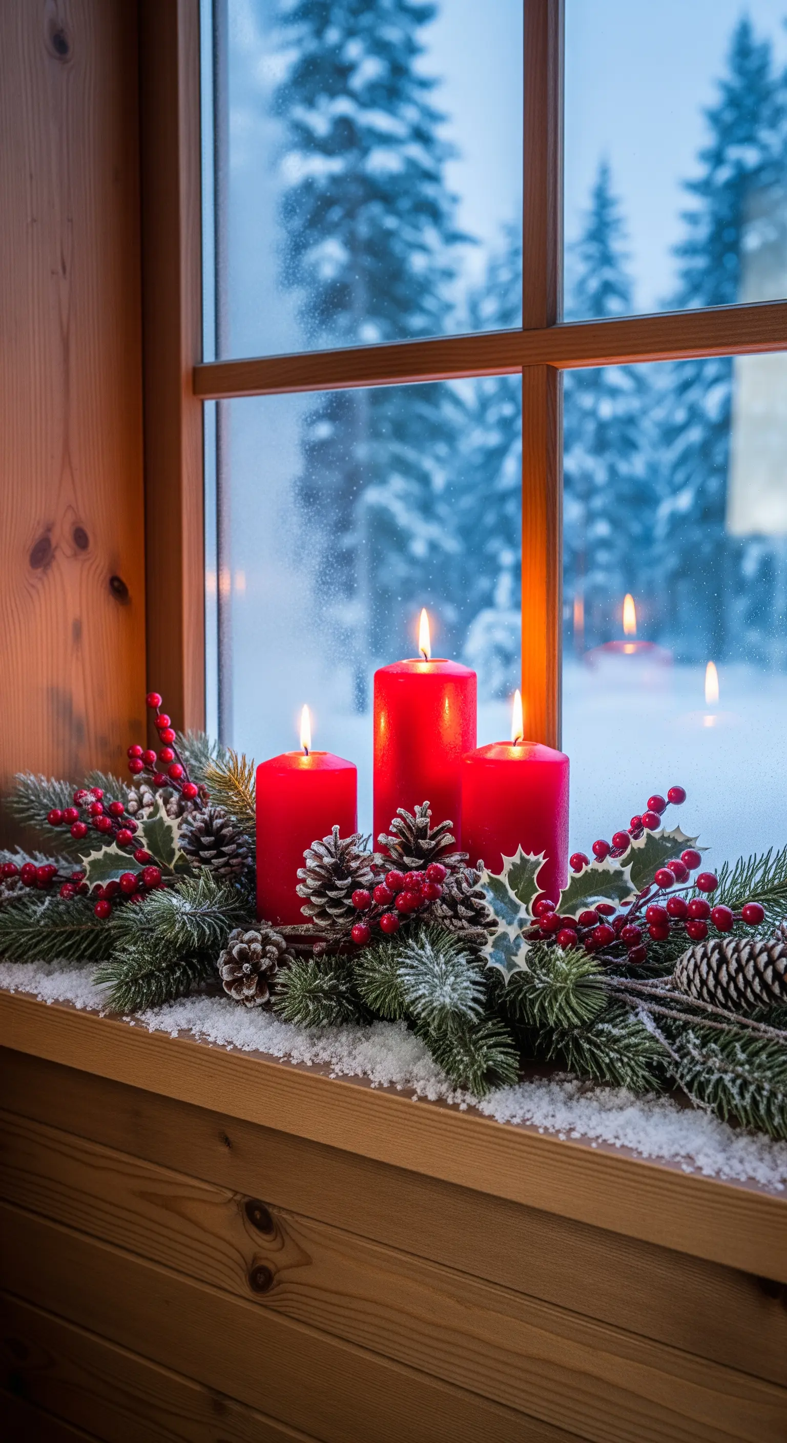 Klassische rote Kerzen, Tannengrün und Zapfen auf einer verschneiten Holzfensterbank.