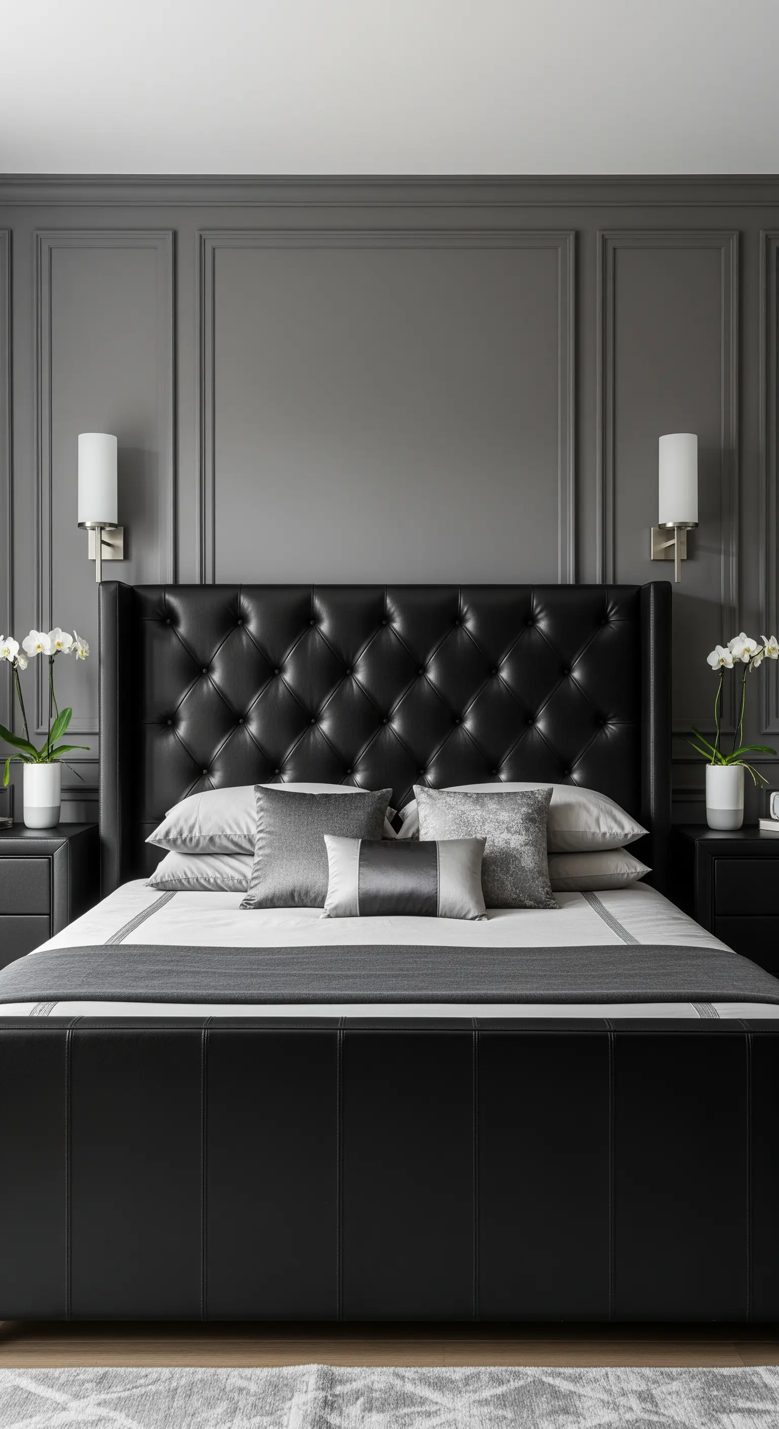 Schlafzimmer mit grauen Wandpaneelen, schwarzem Lederbett, weißen Orchideen und Wandleuchten