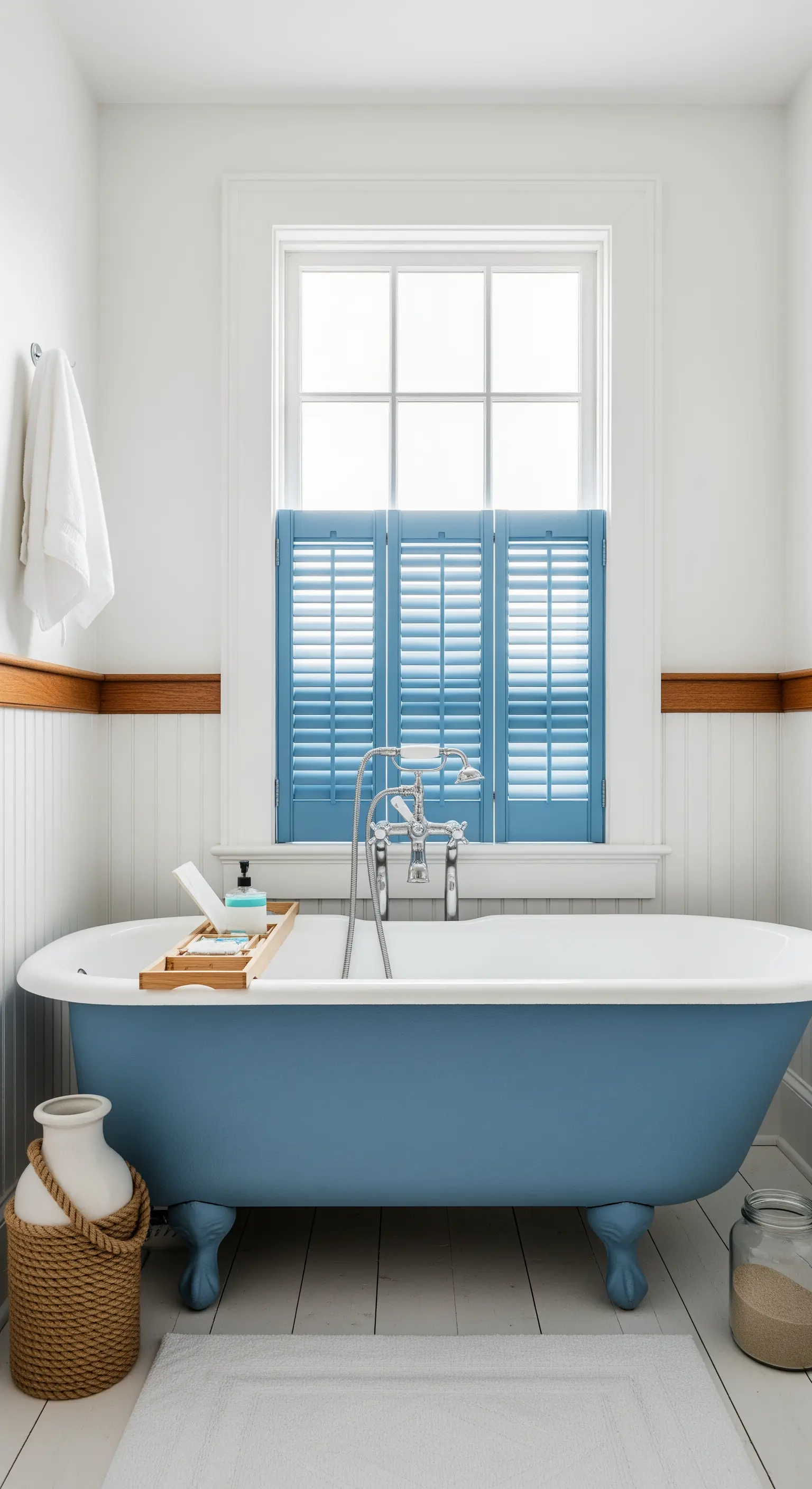 Weißes Badezimmer mit blauer Klauenfußwanne, blauen Fensterläden und Holz-Accessoires.